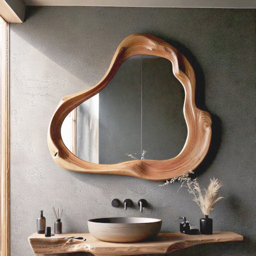 Handmade Asymmetrical Wooden Wall Mirror – Rustic Irregular Farmhouse Mid-Century Modern Bathroom Mirror