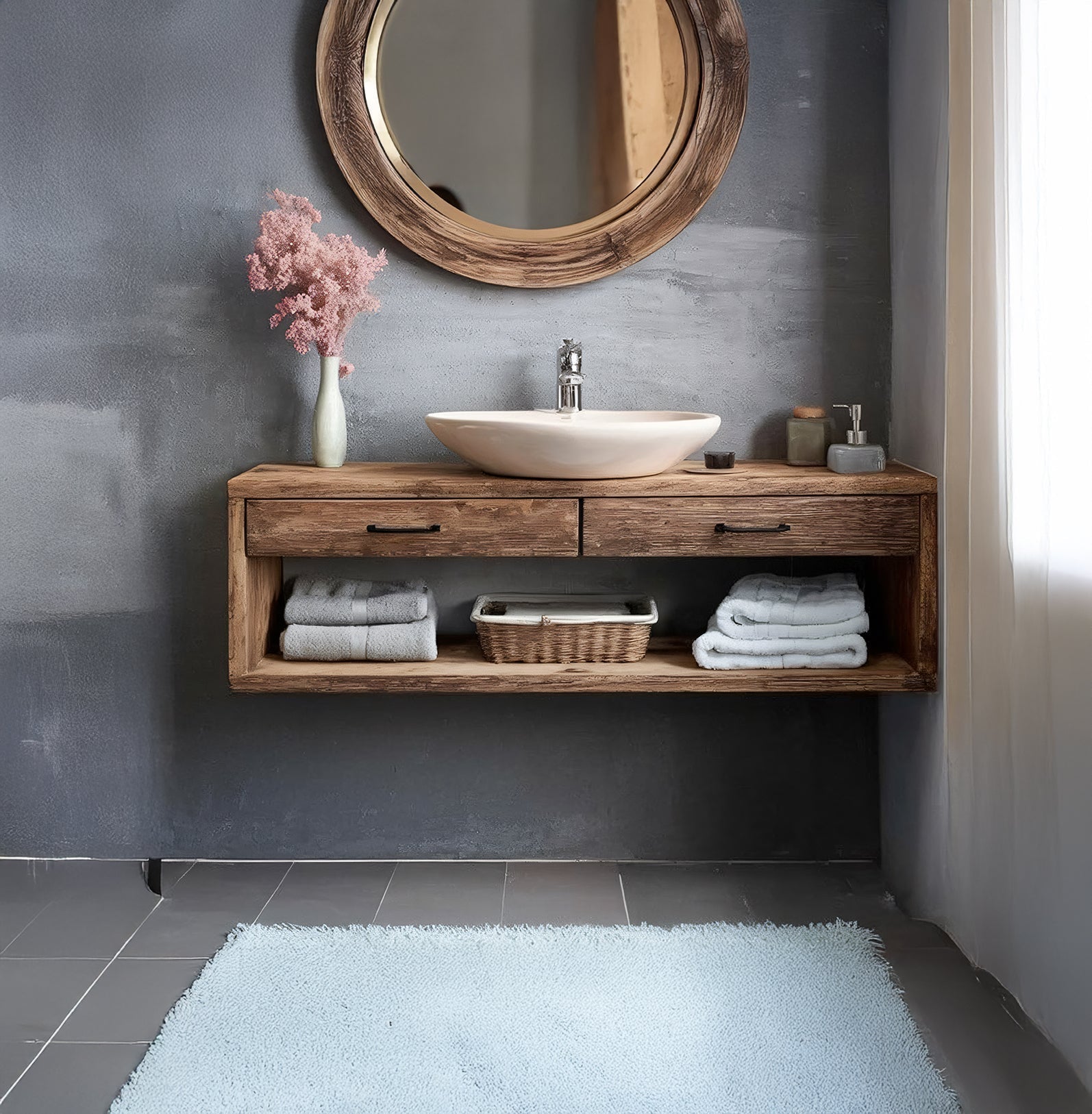 Rustic Floating Wooden Bathroom Vanity with Open Storage – Handmade Solid Wood Design