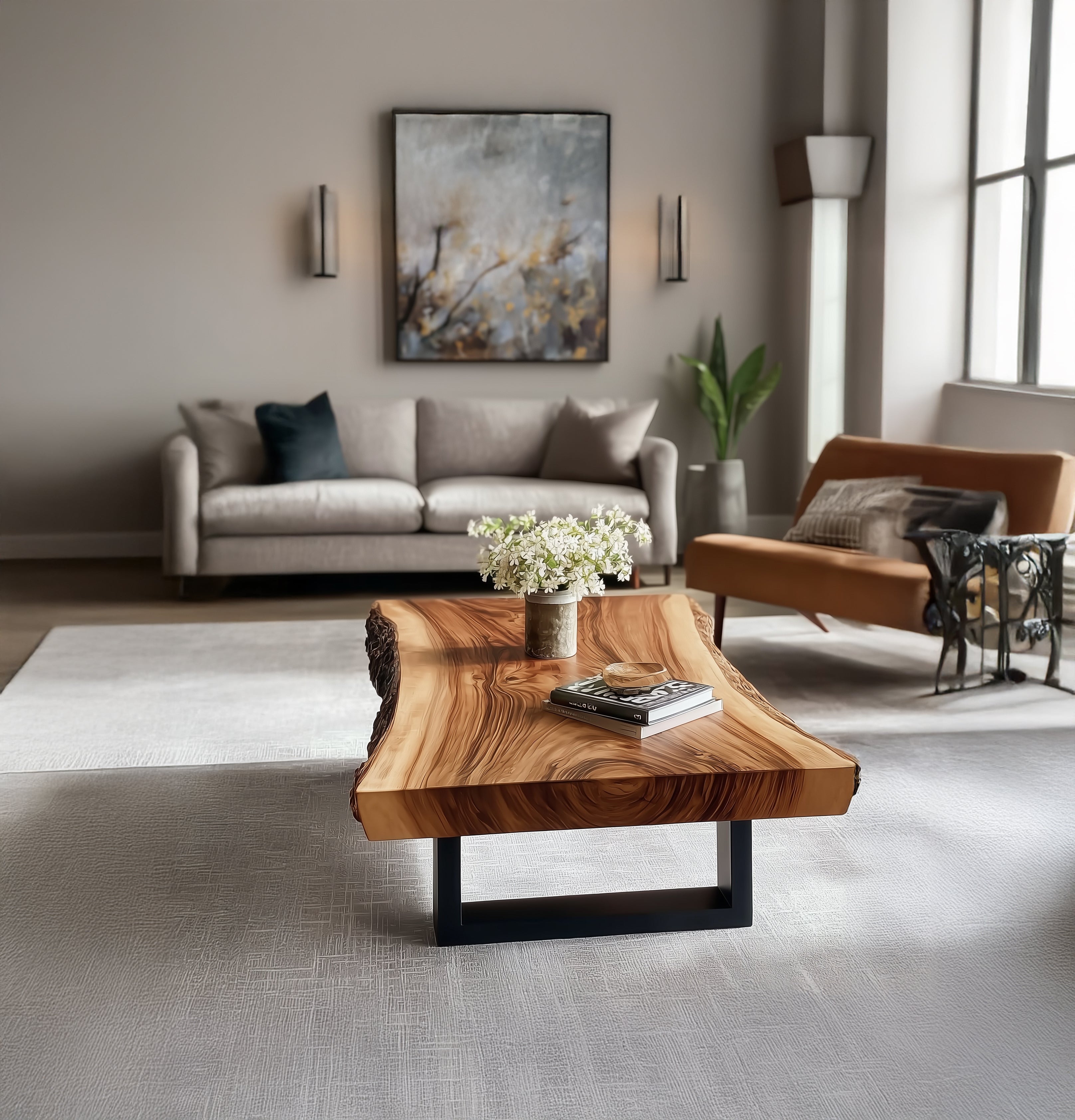 Live Edge Wood Coffee Table – Solid Modern Design with U-Shaped Legs