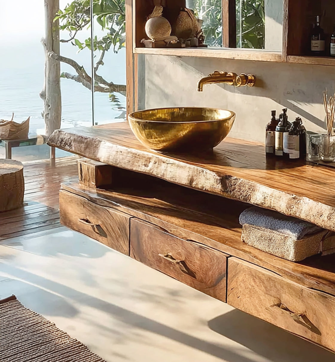 Modern Floating Wooden Vanity – Handmade Rustic Solid Wood Bathroom Cabinet