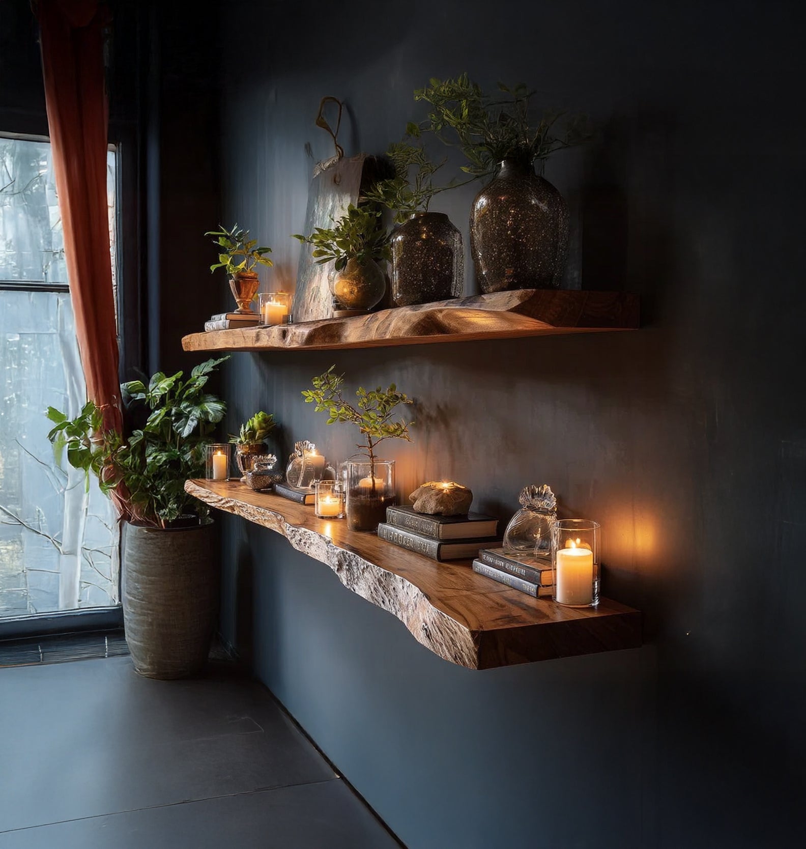 Rustic Live Edge Floating Shelves – Handmade Solid Wood Wall Shelves