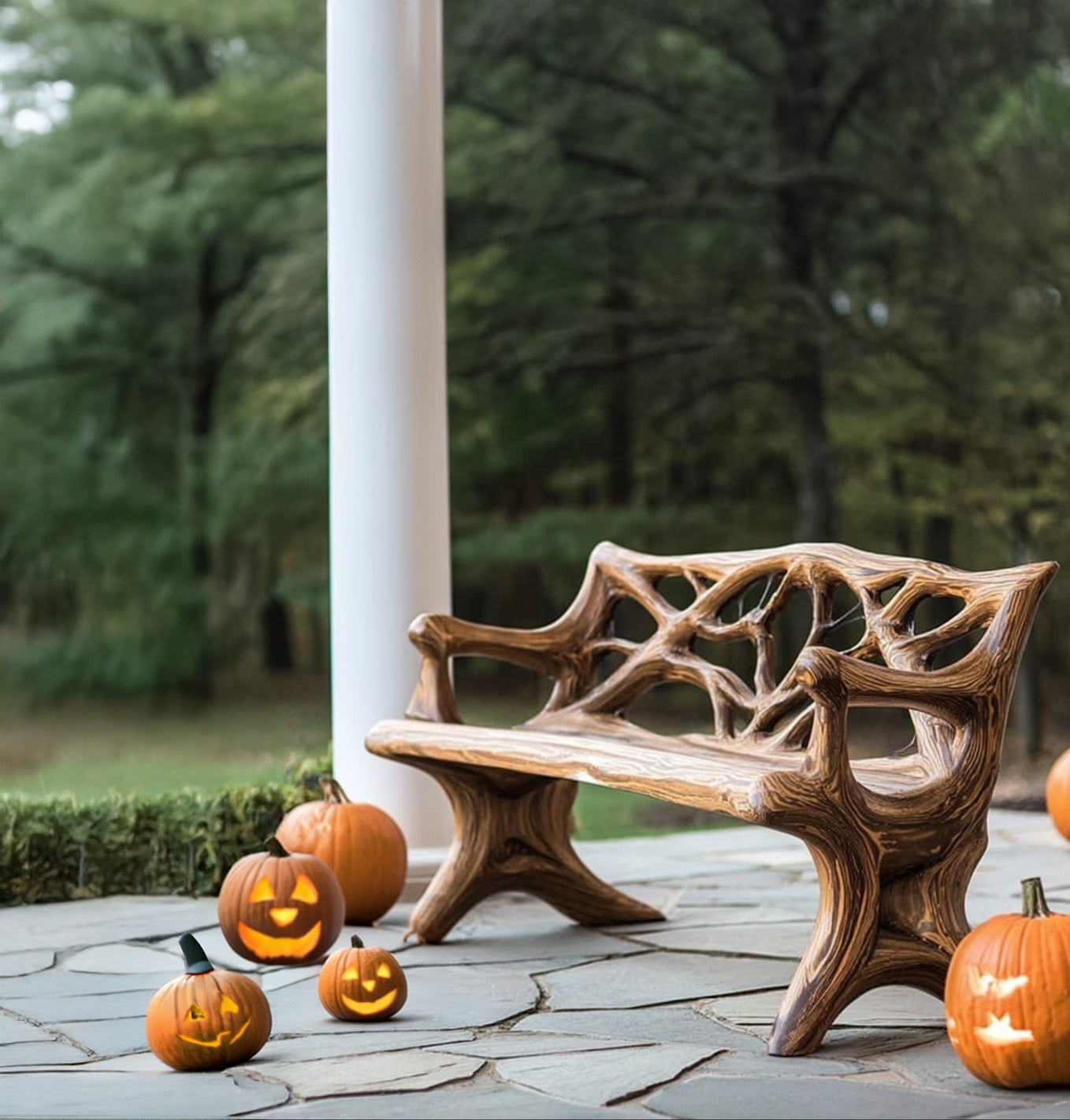 Rustic Porch Bench Seat – Handcrafted Wooden Halloween Outdoor Farmhouse