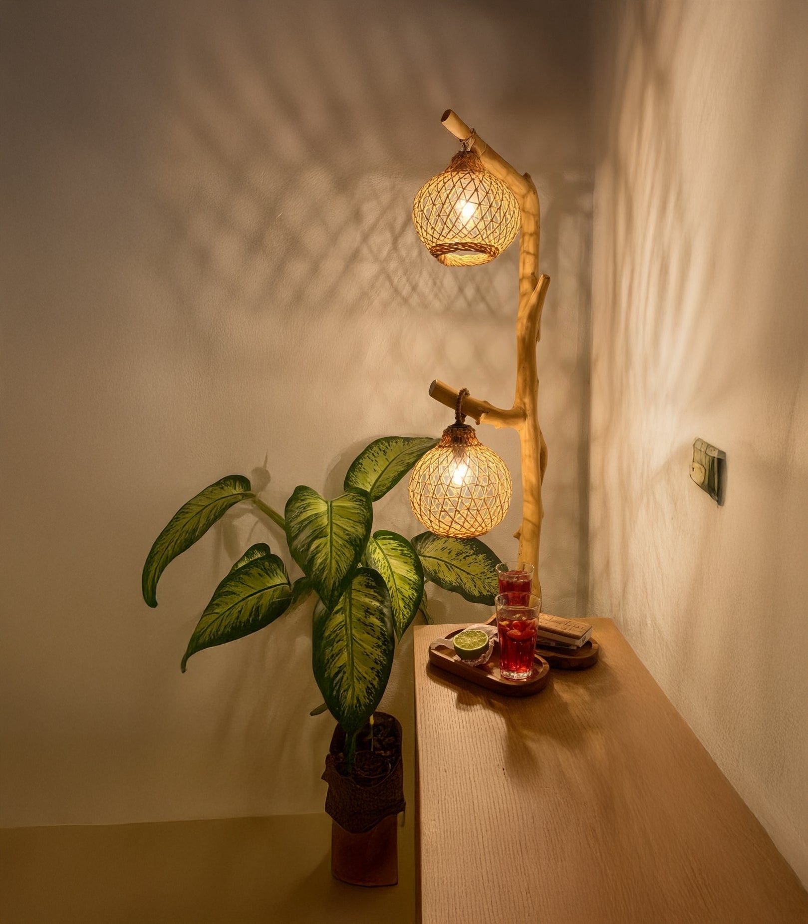 Rustic Wood Floor Lamp – Handmade Driftwood Tree Branch Light with Rattan Lampshade