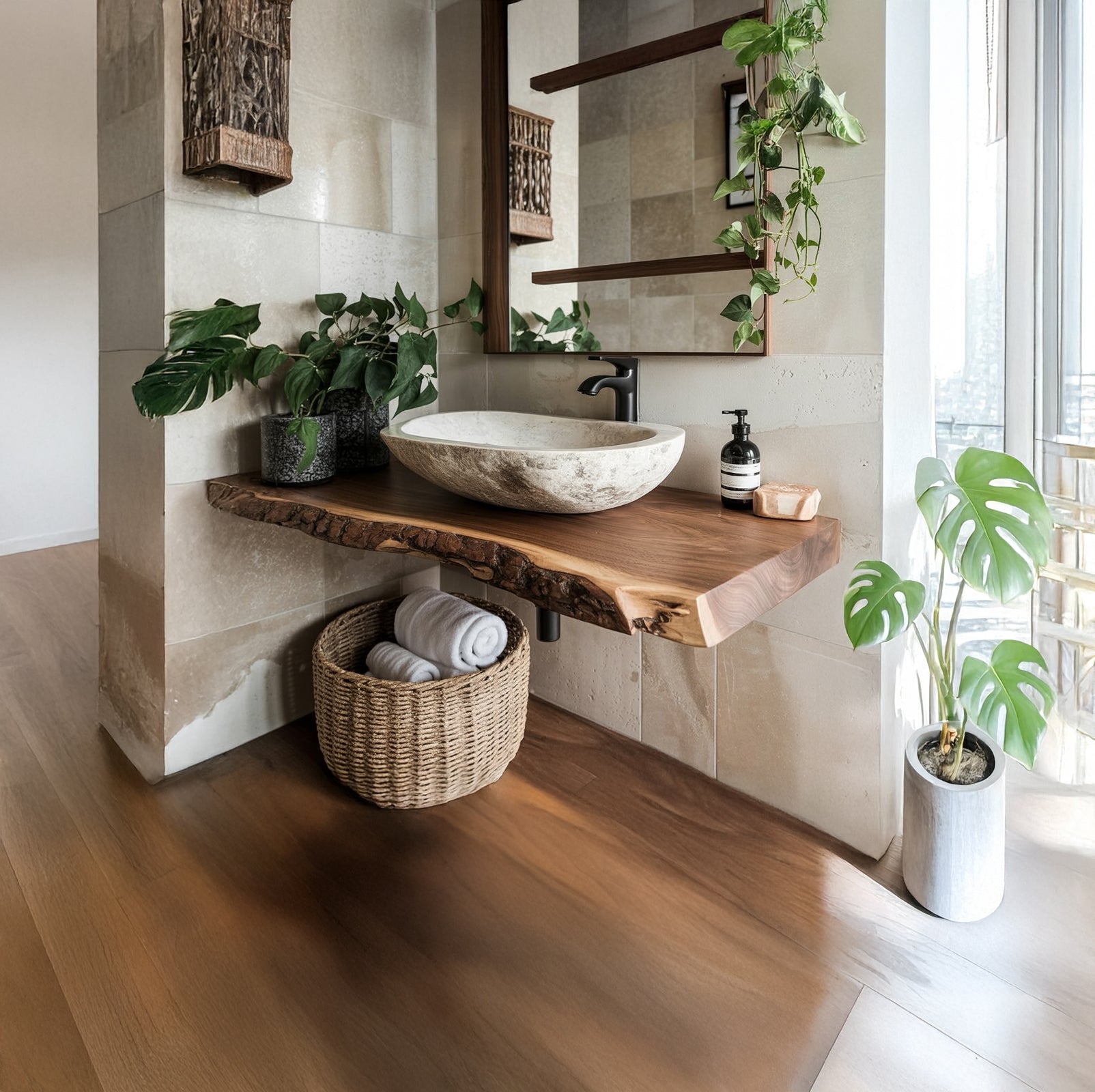 Handcrafted Rustic Floating Bathroom Vanity – Unique Live Edge Shelf