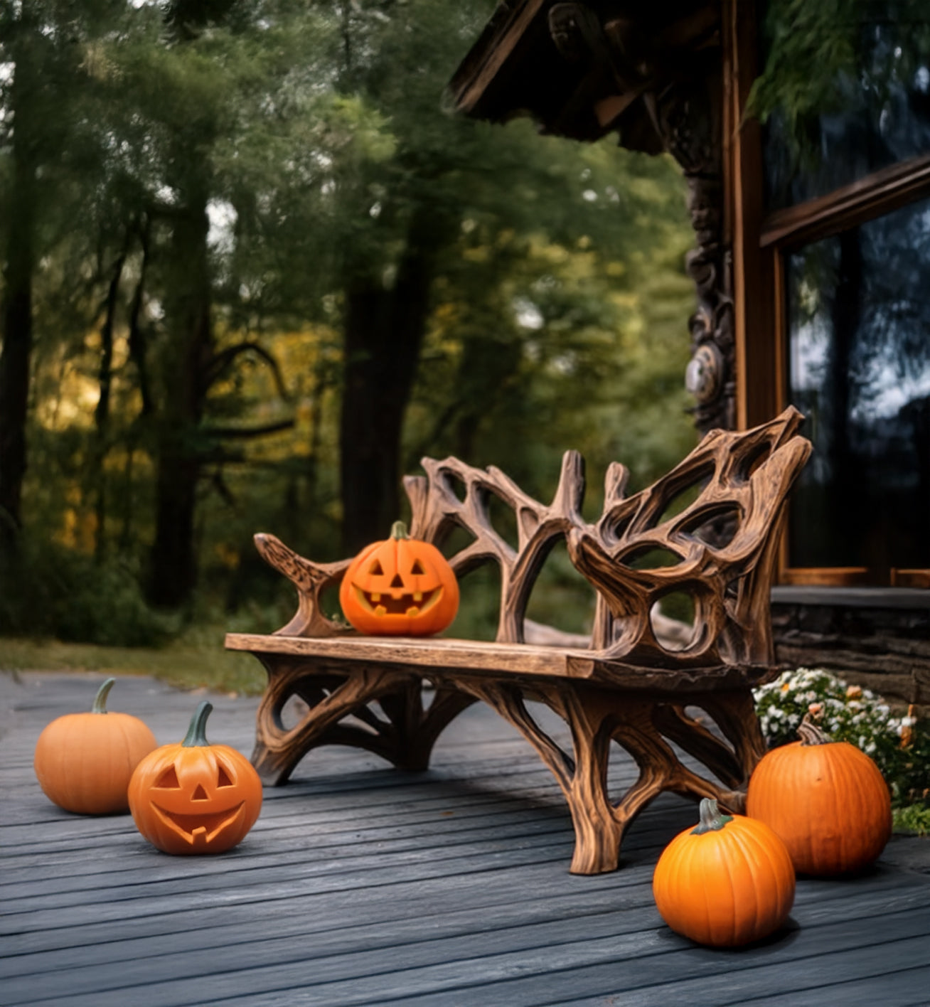 Farmhouse Porch Bench Seat – Rustic Mid Century Solid Wood Outdoor Bench