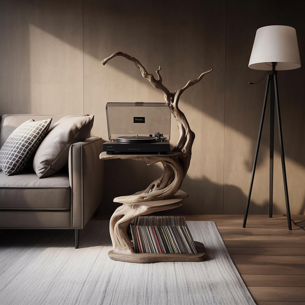 Sculptural Wood Record Player Stand – Organic Driftwood Turntable Table with Vinyl Shelf