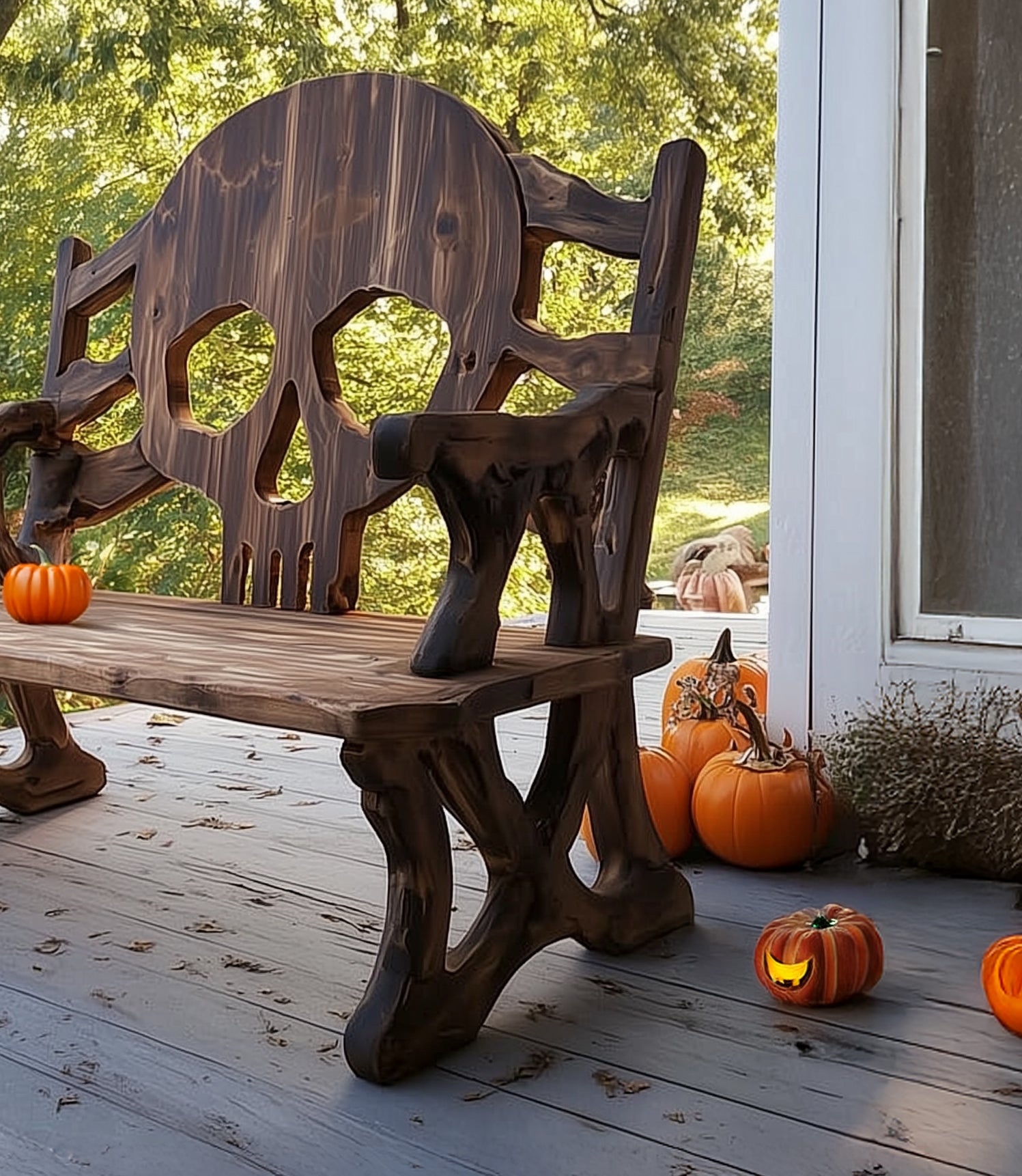 Handcrafted Skull Bench – Halloween Outdoor Wooden Seating for Porch or Garden