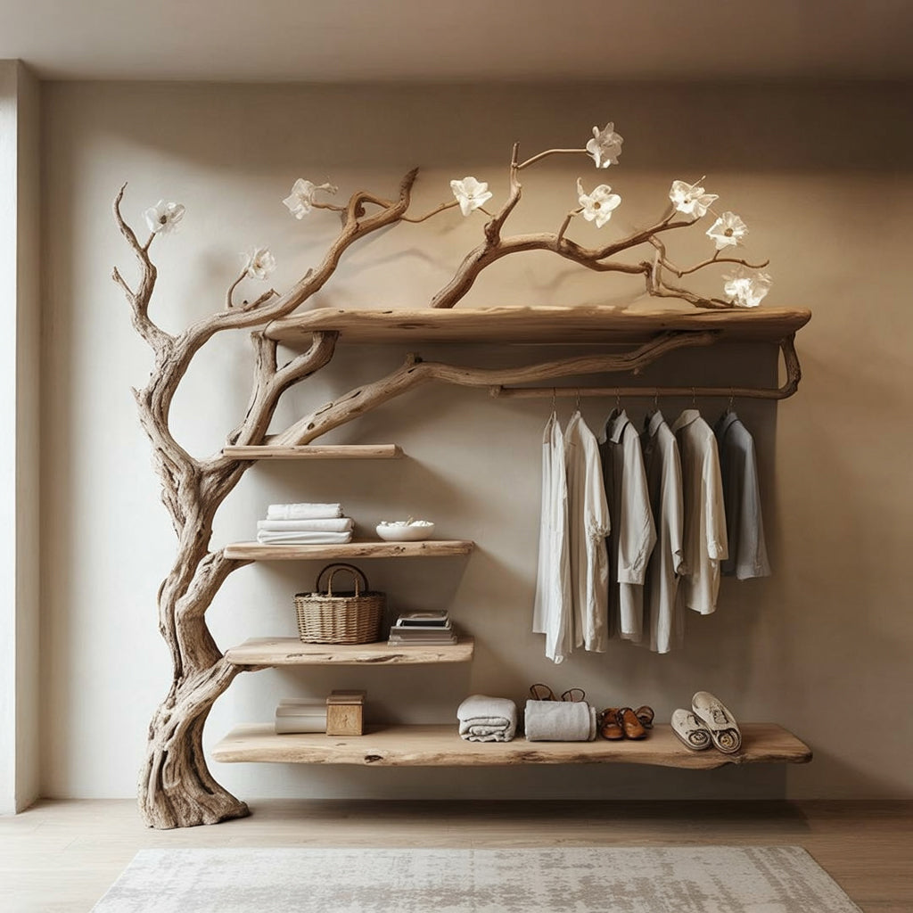 Rustic Tree Branch Corner Coat Rack – Standing Hanger with Shelves