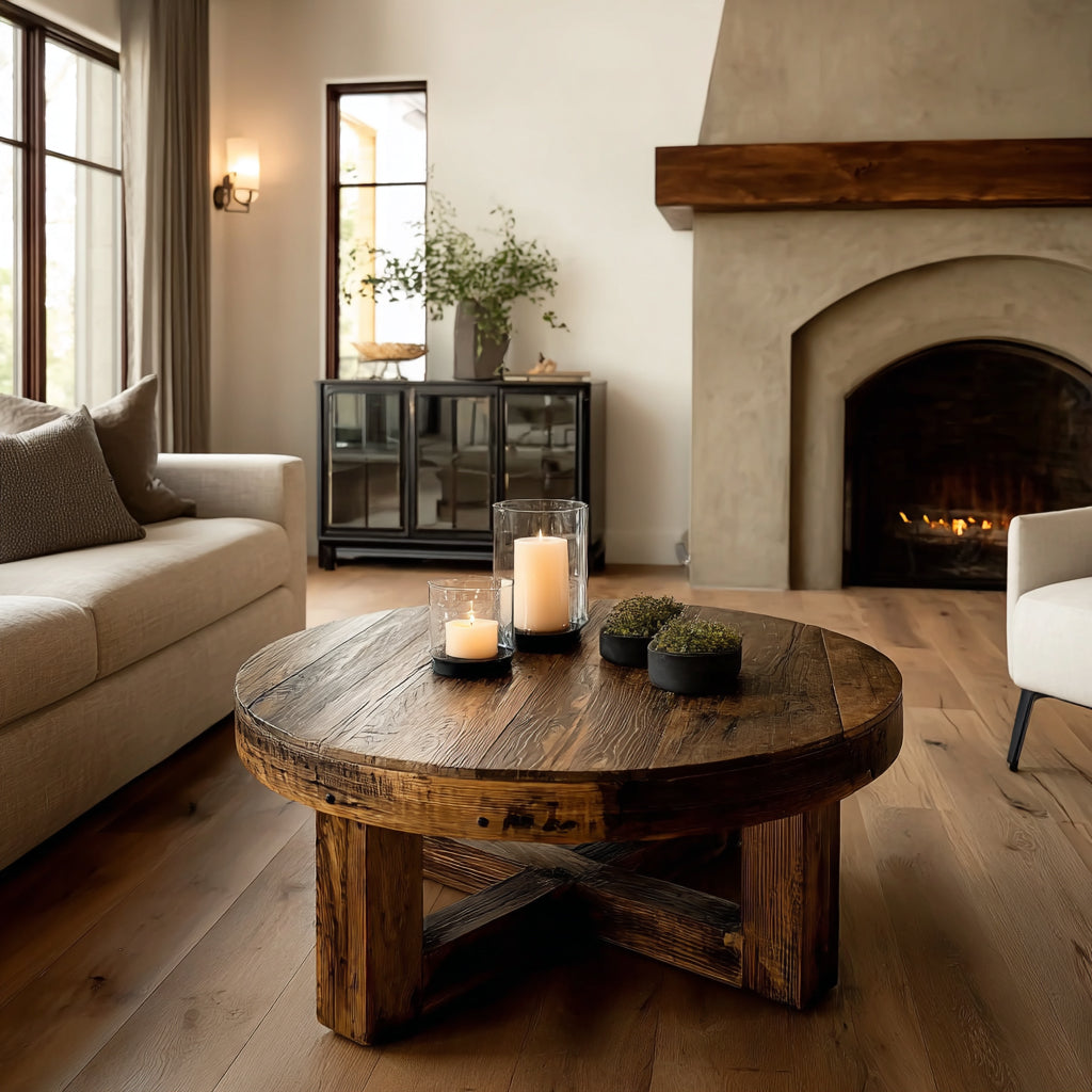 Round Oak Coffee Table – Rustic Reclaimed Wood Farmhouse Furniture