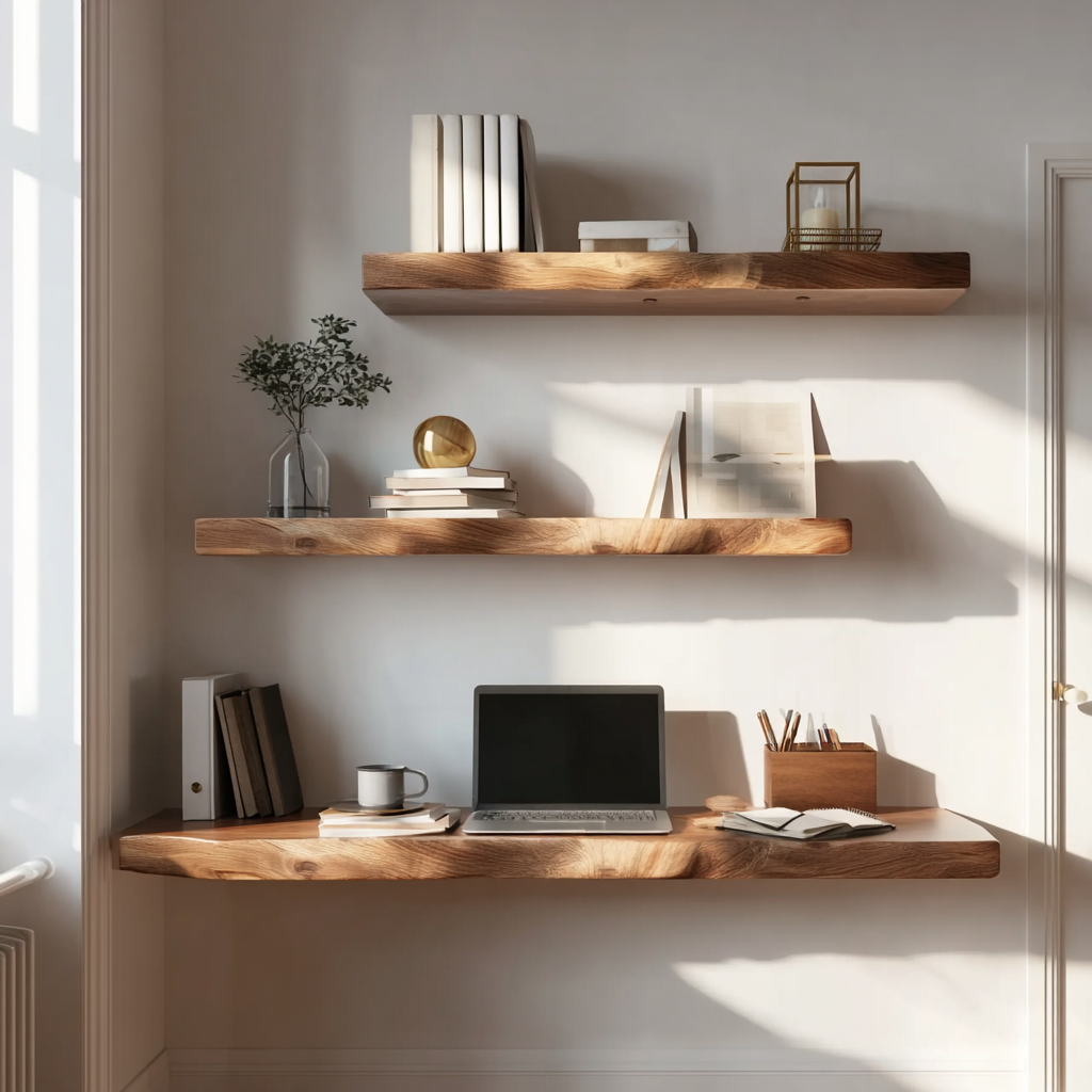 Live Edge Floating Desk – Solid Wood Wall Mounted Shelves for Home Office