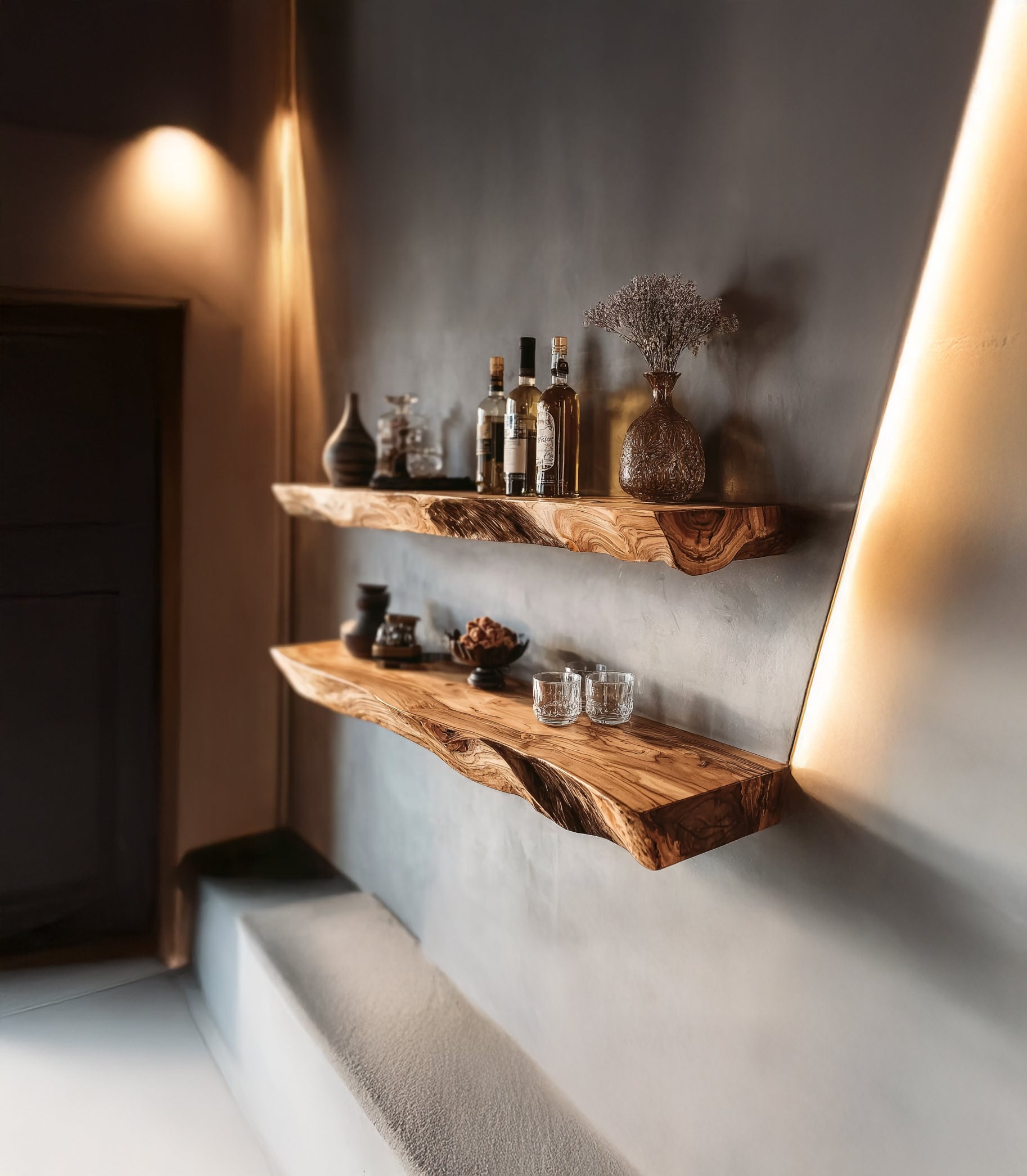 Handmade Live Edge Wood Shelf – Floating Wall Shelves for Whiskey Bar, Kitchen, or Entryway