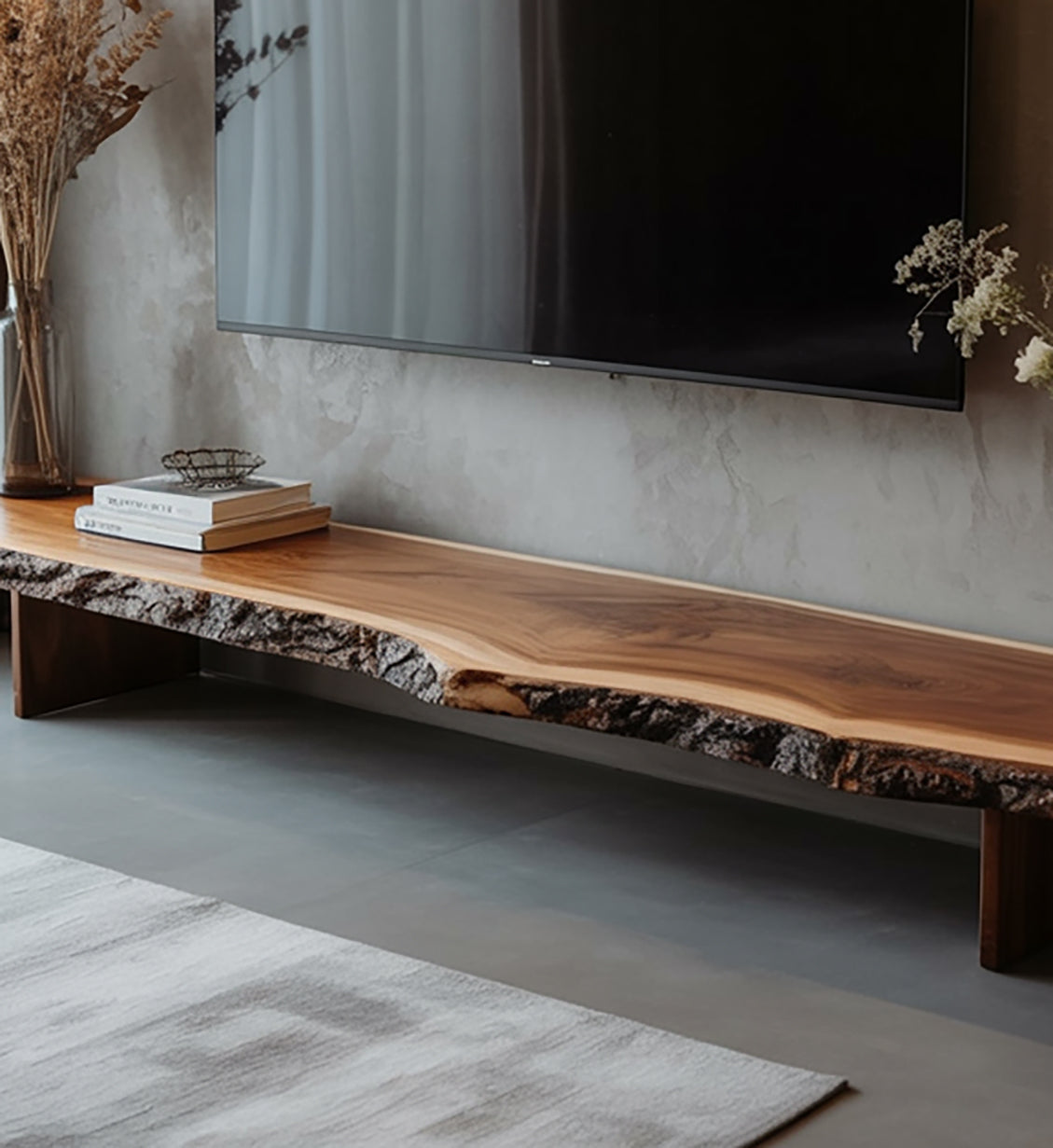 Rustic Live Edge TV Stand – Solid Walnut Floating Console, Handmade Wood Media Cabinet