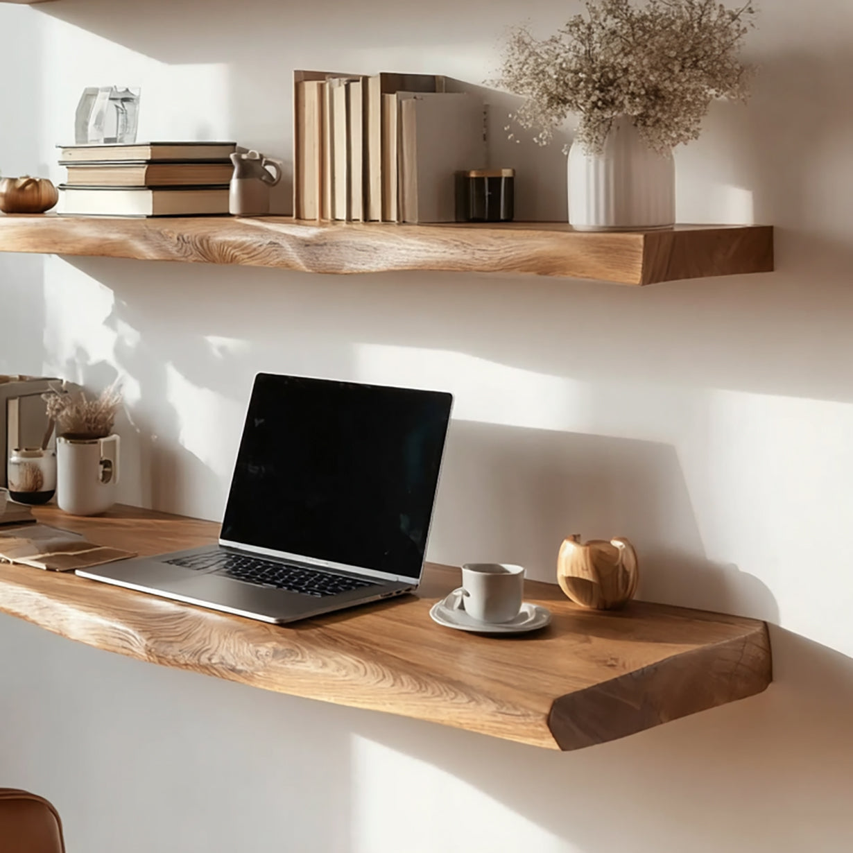 Handmade Live Edge Wood Desk – Floating Wall Shelves for Modern Office