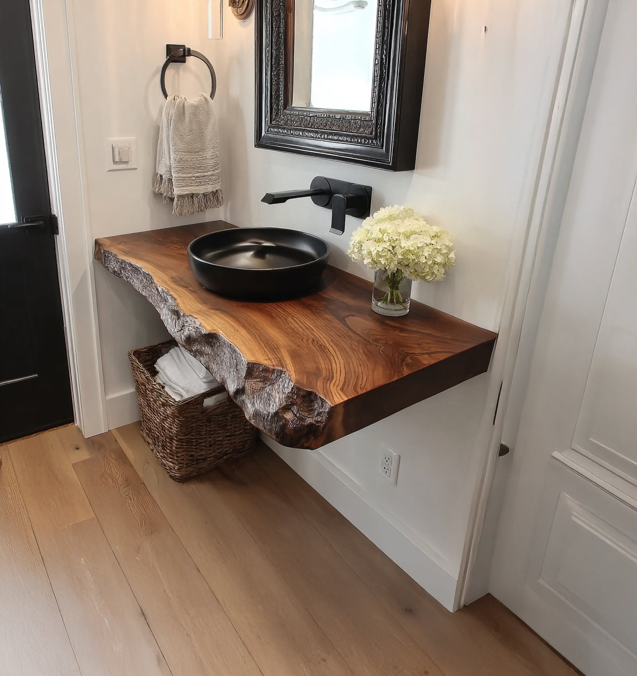 Handmade Live Edge Wood Bathroom Vanity – Rustic Floating Sink Shelf
