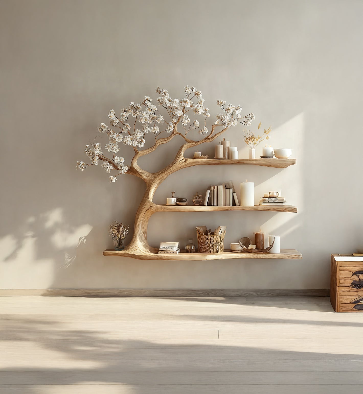 Rustic Wooden Bookcase – Handmade Tree Bookshelf, Unique Home Decor Gift