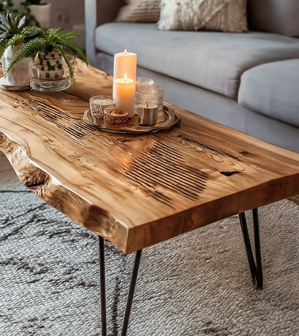Live Edge Coffee Table – Handmade Solid Wood Hairpin Legs for Rustic Modern Living Room