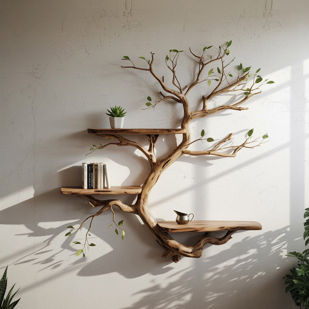 Live Edge Floating Bookshelf – Wall Mounted Solid Wood Driftwood Art Bookcase