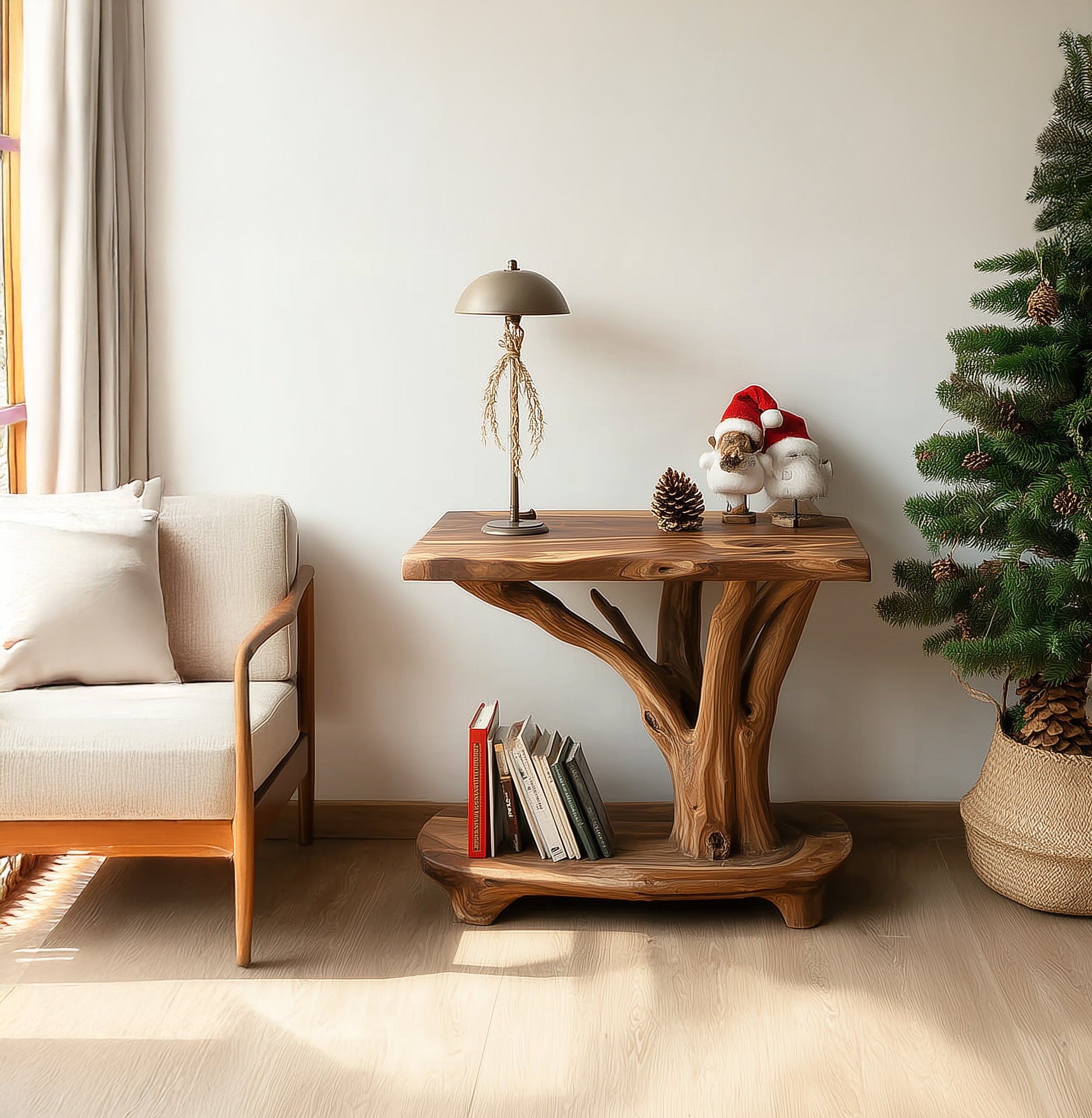 Rustic Solid Wood Side Table with Tree Branch Design – Handmade Natural End with Shelf Storage