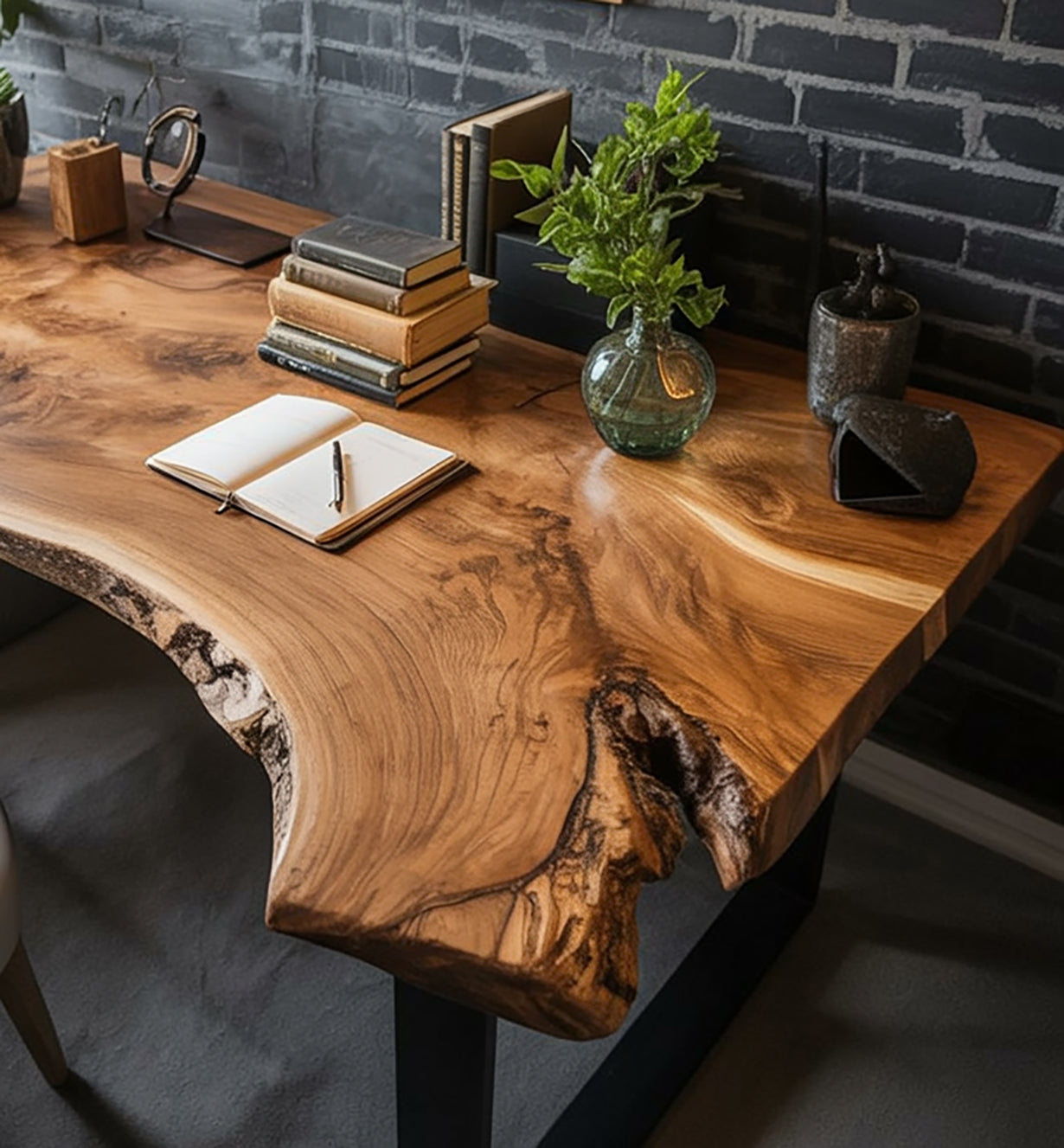 Rustic Live Edge Wooden Desk with Drawers for Home Office