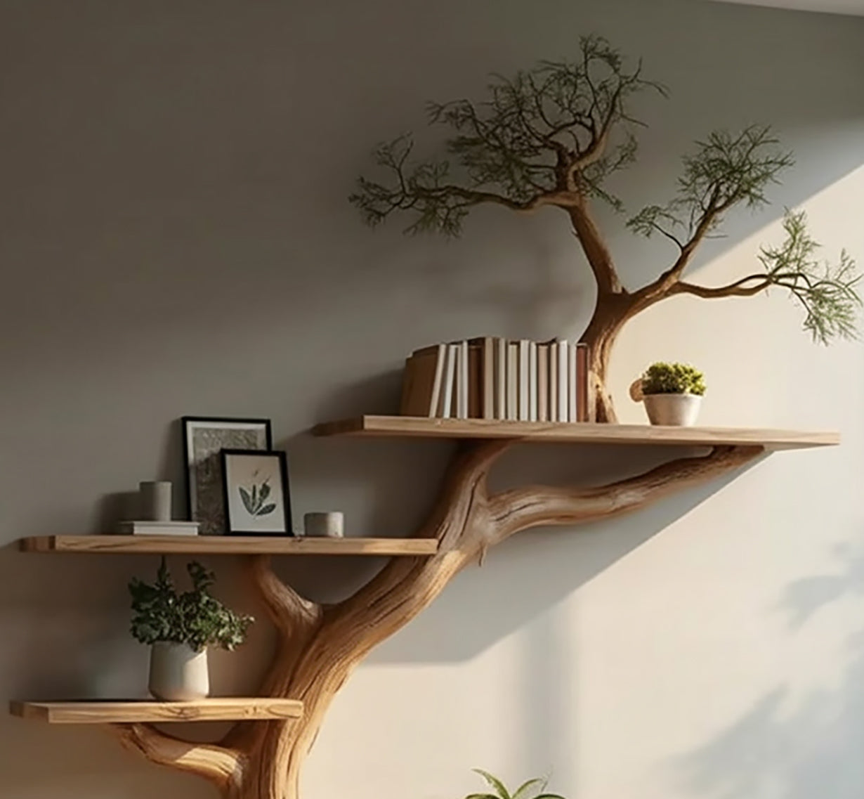 Bibliothèque Arbre Rustique – Étagère Murale Flottante Déco