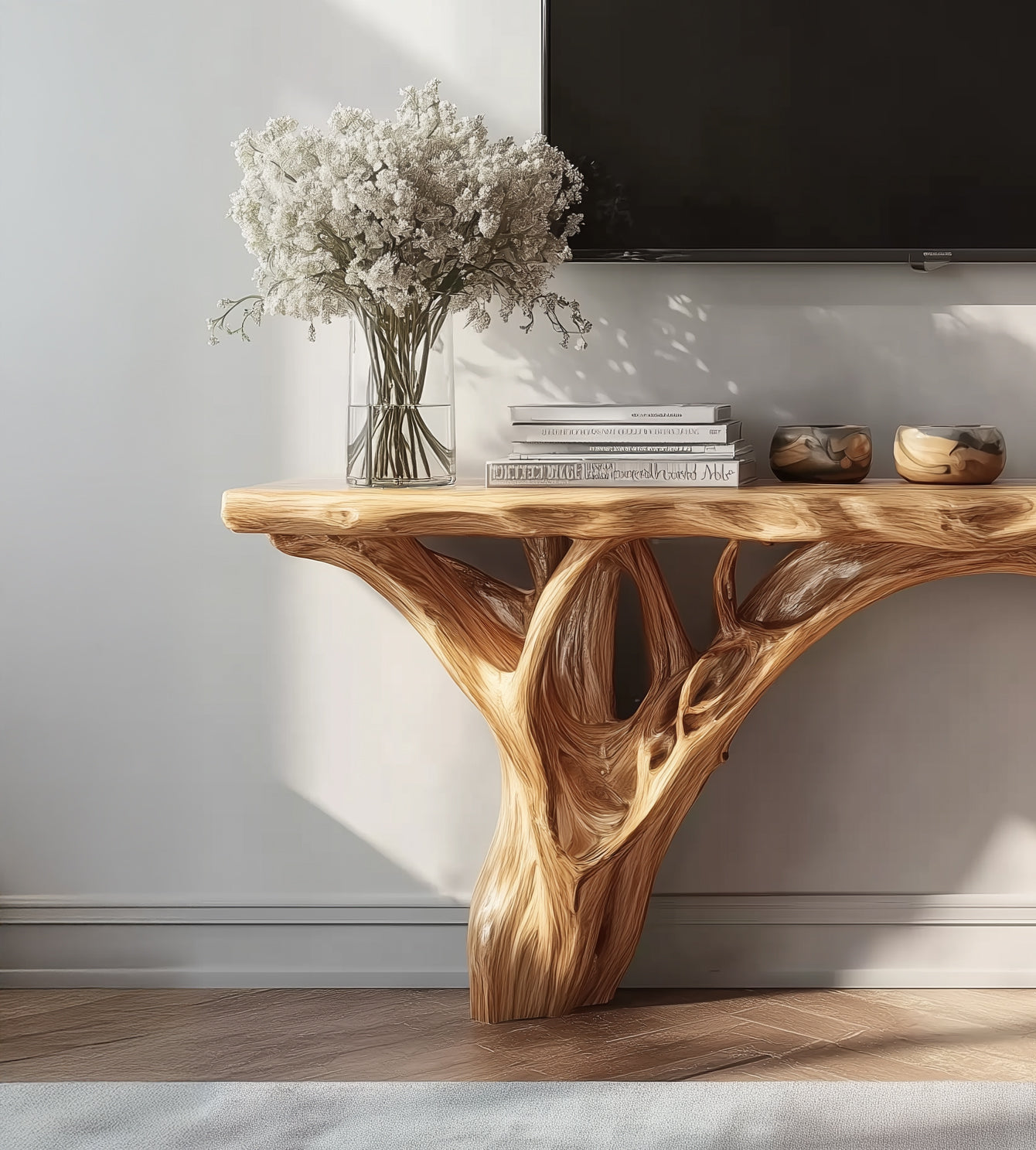 Custom Live Edge TV Stand – Solid Wood Tree Shelf Media Console, Rustic Handmade Cabinet & Bookshelf