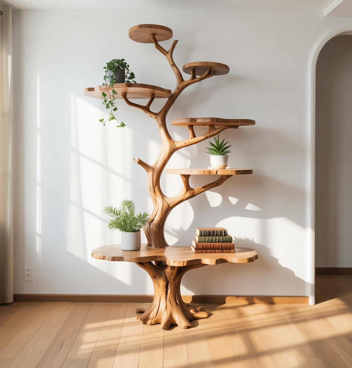 Bibliothèque Arbre Artistique en Bois Massif – Étagère Nature Design