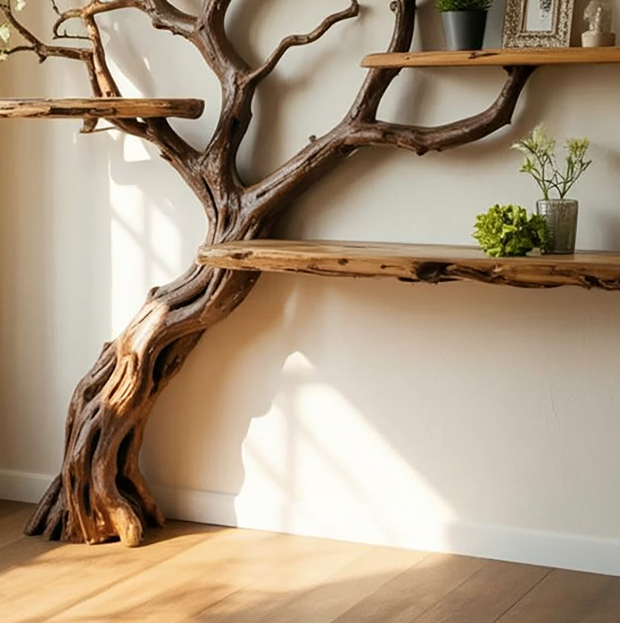 Étagère Murale Branche d’Arbre en Bois Naturel – Design Artisanal Flottant