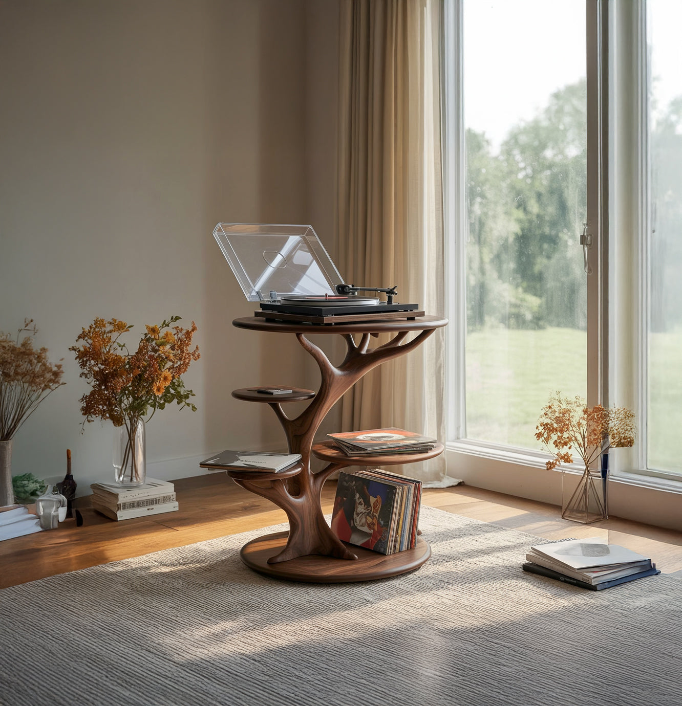 Handcrafted Wooden Record Player Stand – Artistic Vinyl Turntable Table