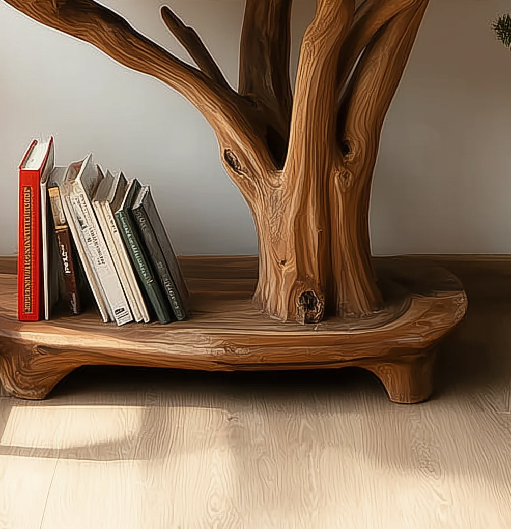 Rustic Solid Wood Side Table with Tree Branch Design – Handmade Natural End with Shelf Storage