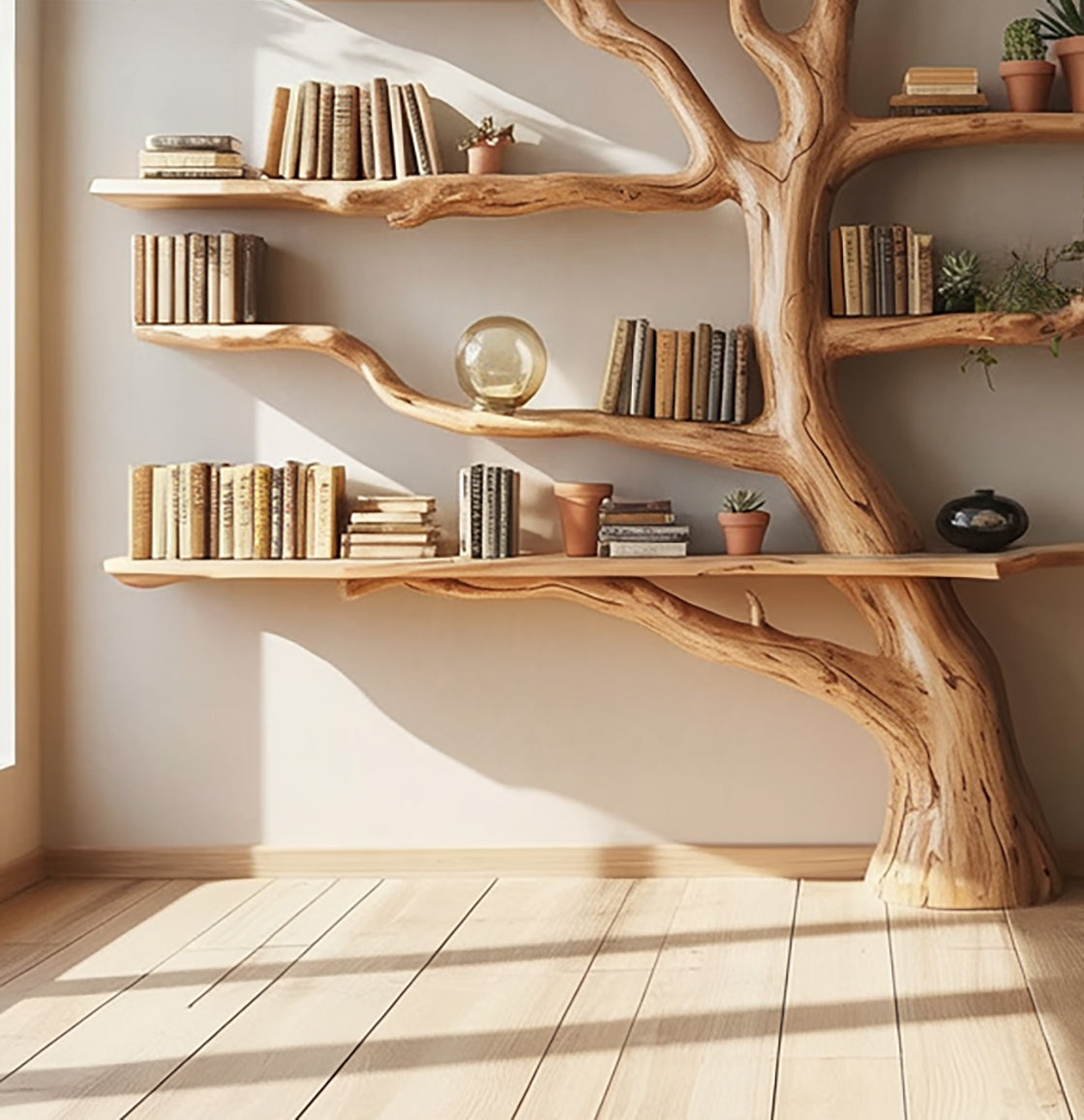 Rustic Tree Bookshelf – Handmade Wooden Bookcase, Unique Home Decor Gift