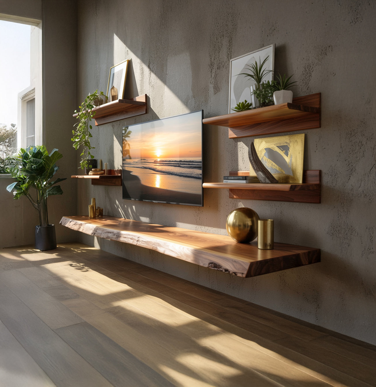 Meuble TV Flottant en Bois Massif Live Edge – Console Média Rustique Fait Main