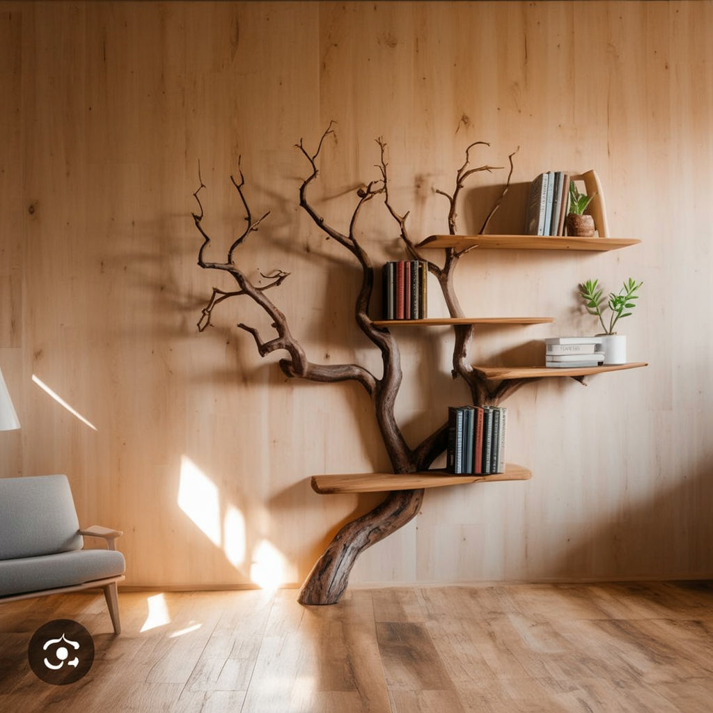 Live-Edge Tree Branch Wall Bookshelf – Sculptural Natural Wood Storage