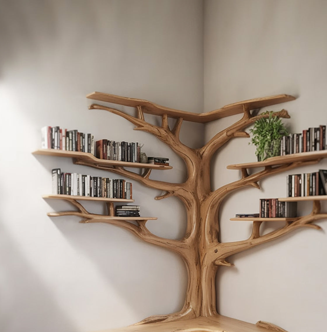 Wooden Tree Shelf Bench – Artistic Branch Bookshelf with Seating