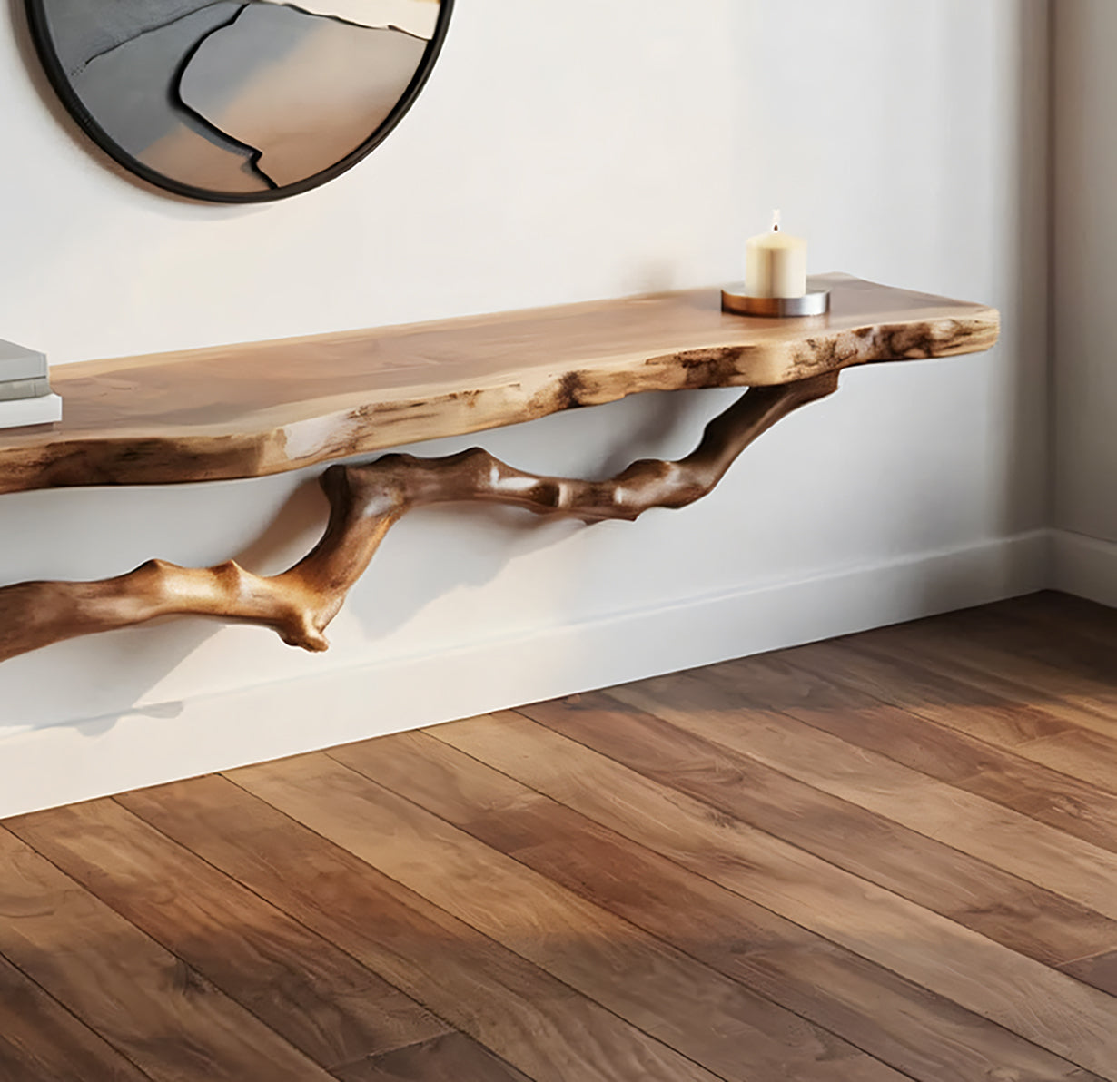 Organic Live Edge Floating Wood Shelf with Sculptural Branch Support