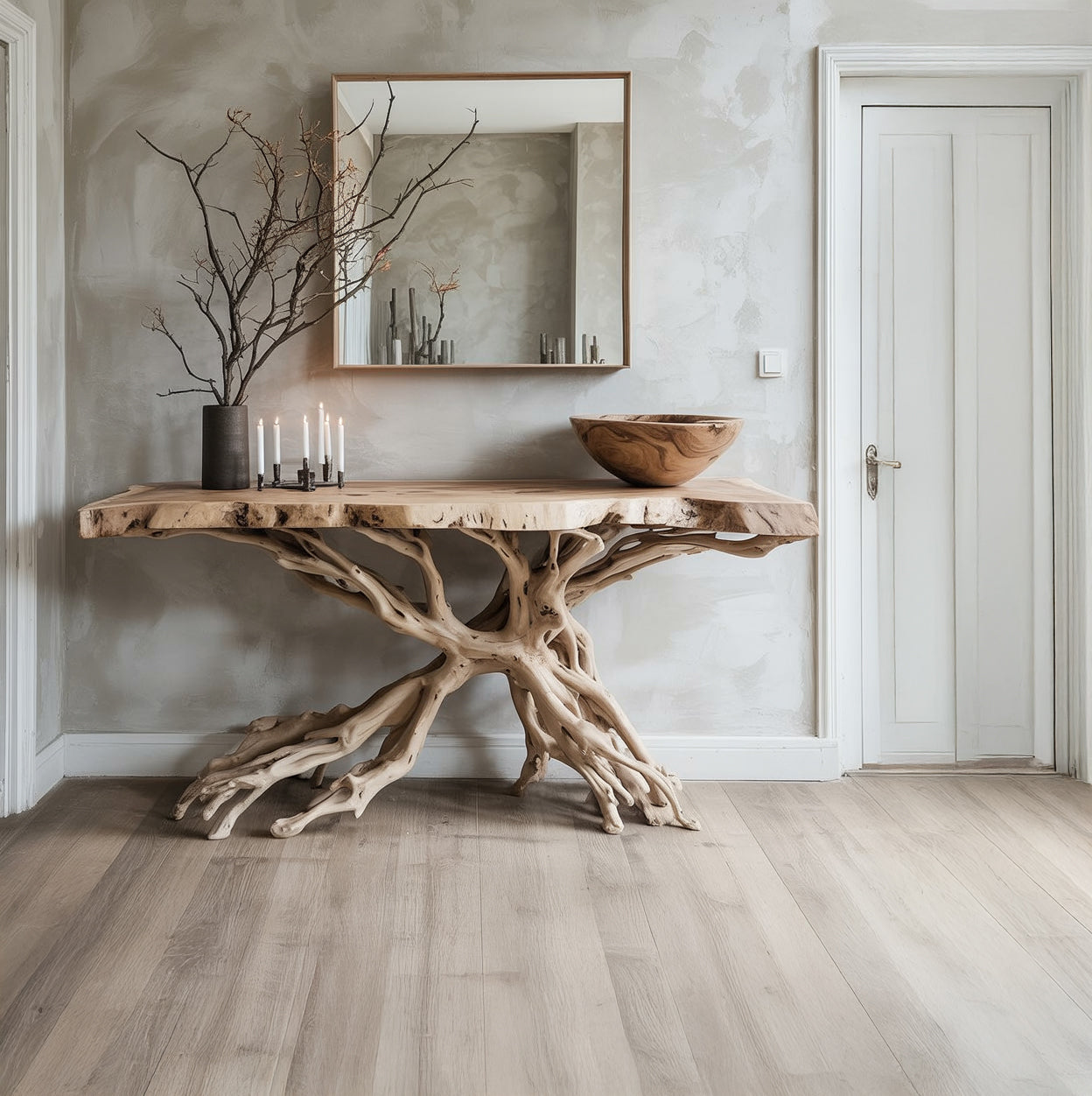 Live Edge Root Console Table – Handcrafted Natural Wood Entryway Table with Sculptural Base