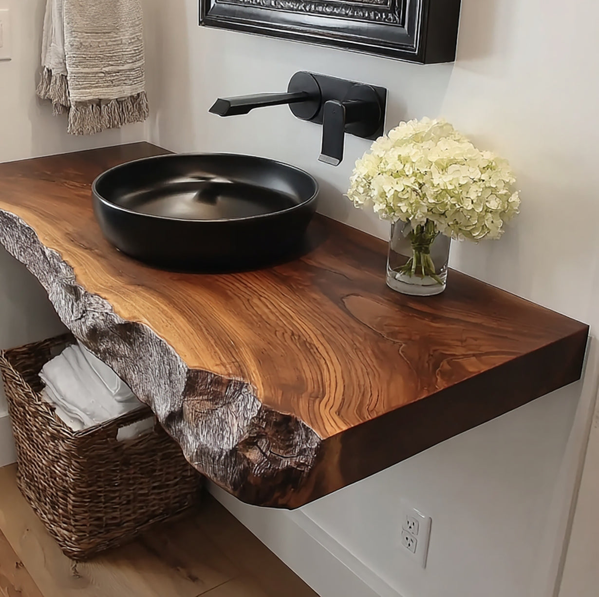Handmade Live Edge Wood Bathroom Vanity – Rustic Floating Sink Shelf