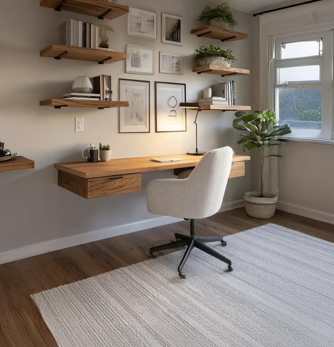 Floating Wooden Desk with Wall Shelves – Minimalist Solid Wood Workstation