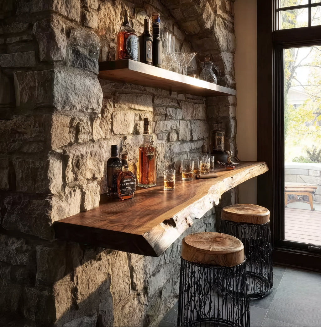 Live Edge Solid Wood Floating Bar Table – Handmade Wall Shelf Table