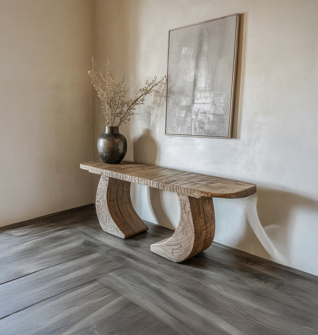 Handcrafted Sculptural Wood Console Table – Modern Curved Leg Entryway Table