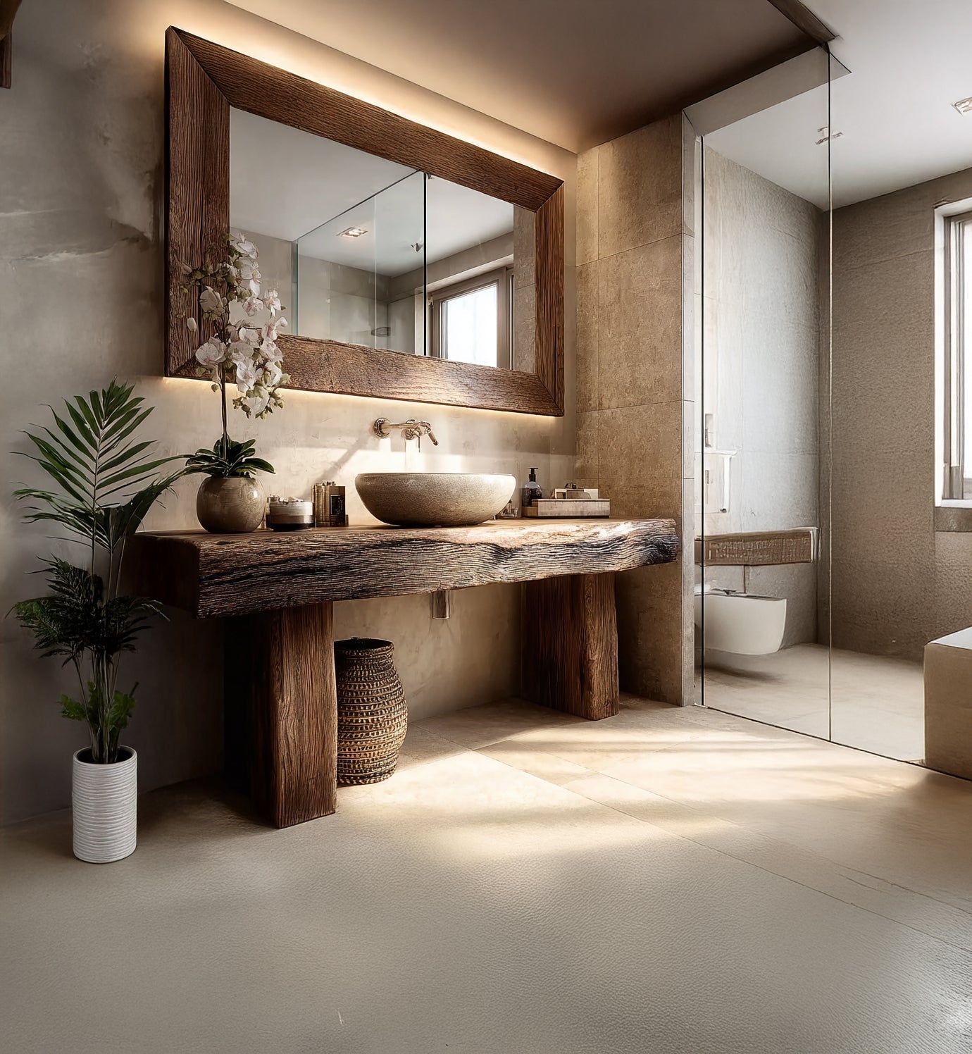 Rustic Wooden Bathroom Vanity – Custom Handmade Farmhouse Sink Shelf with Live Edge Wood Cabinet