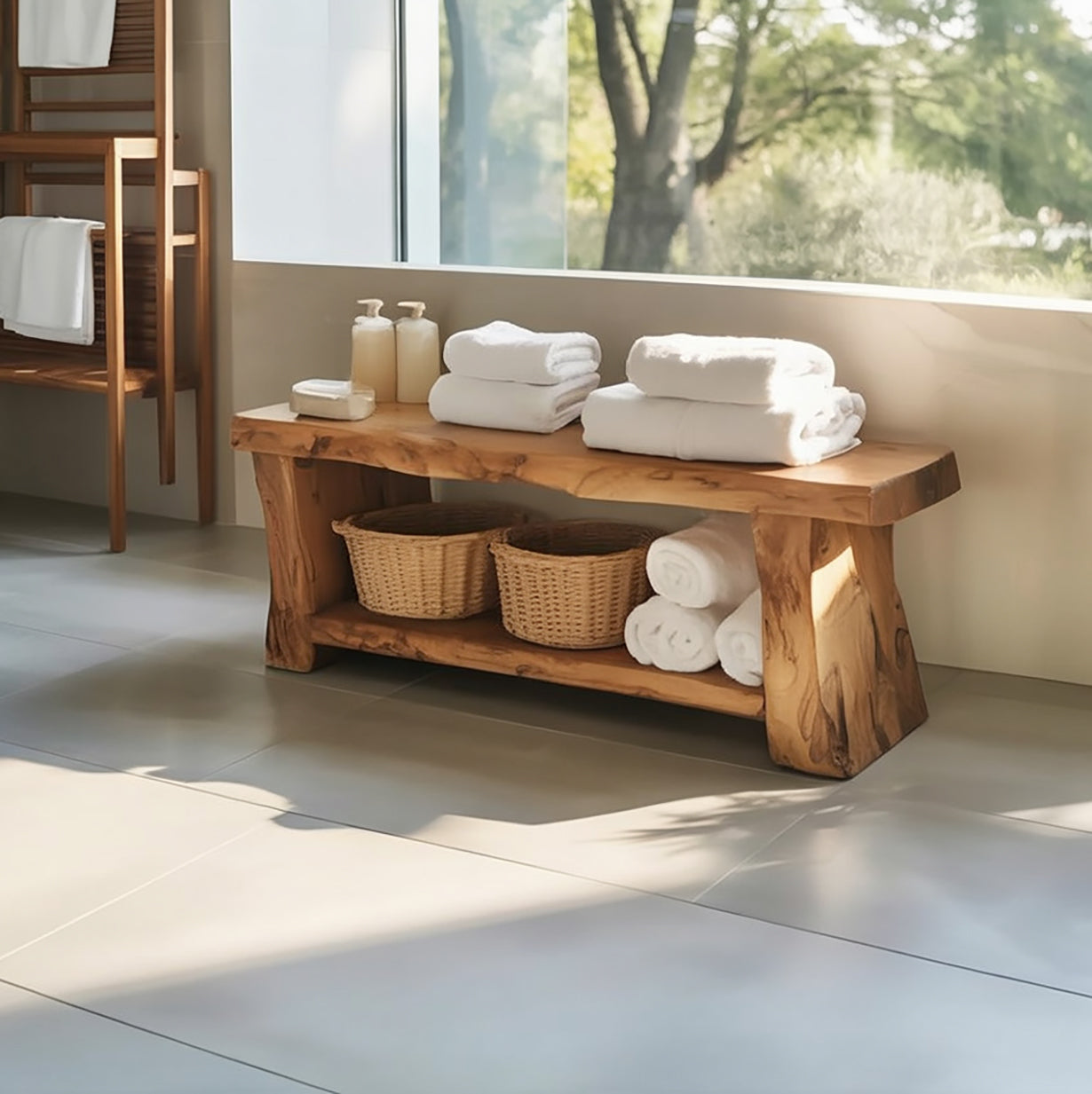 Handcrafted Solid Wood Bath Bench with Storage – Organic Bathroom Accent