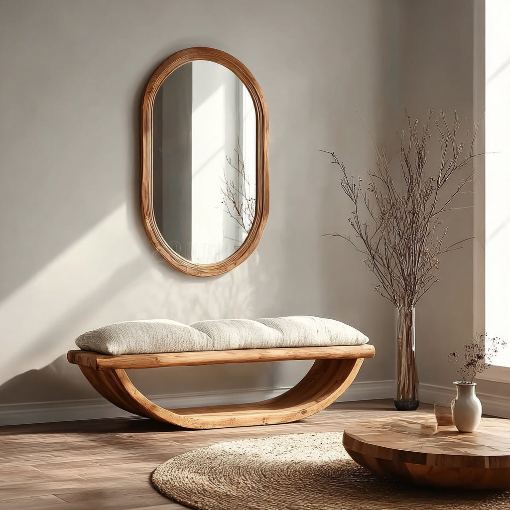 Handcrafted Curved Wood Bench – Modern Solid Wood Entryway Seating