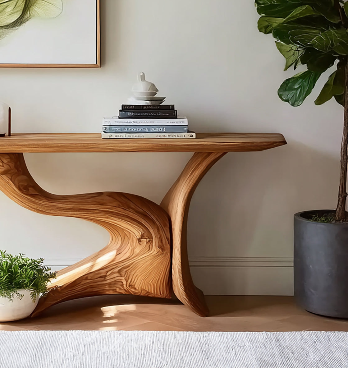 Live Edge Solid Wood Console Table – Handcrafted Entryway Table with Sculpted Base