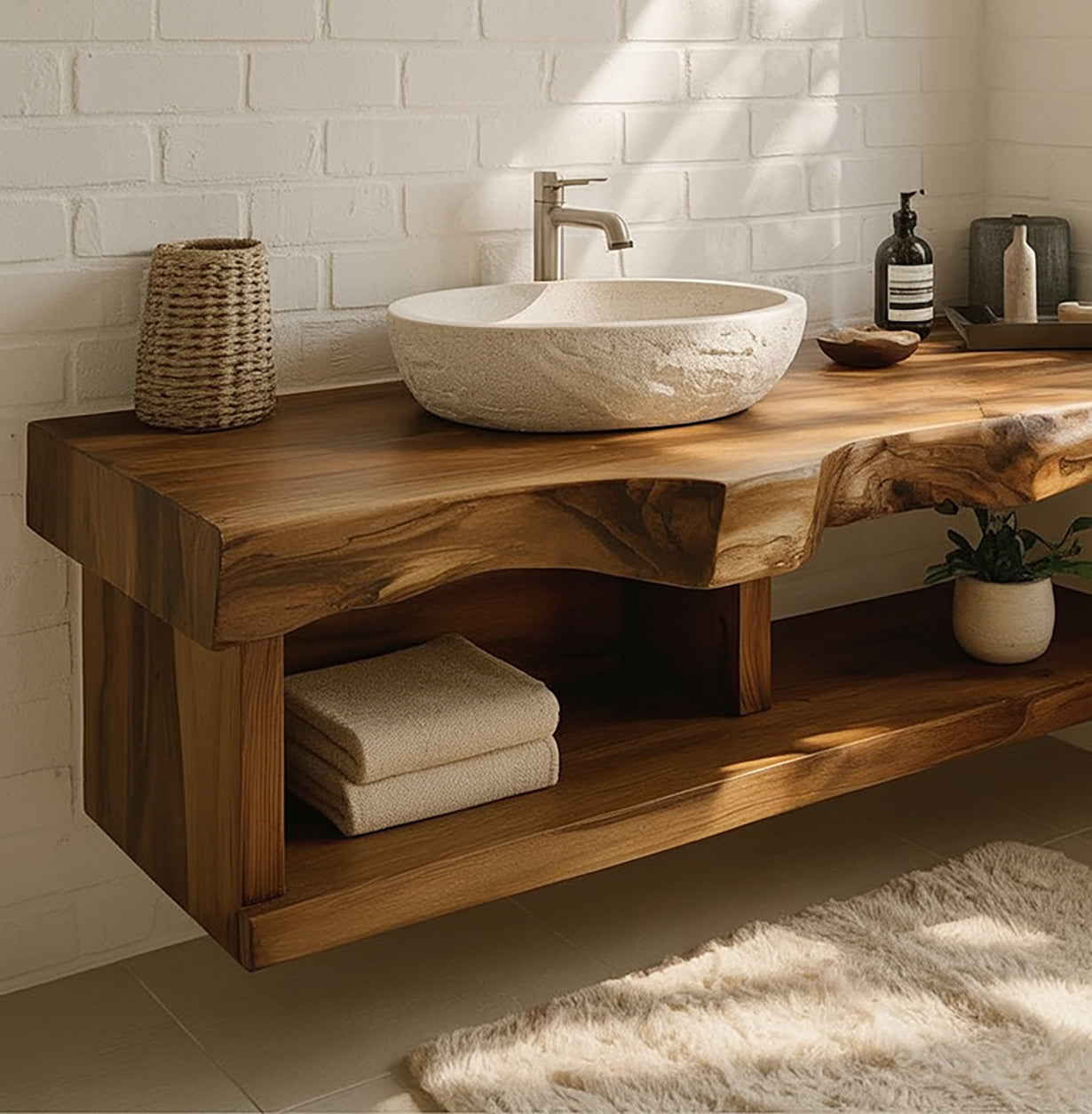 Natural Live Edge Wooden Vanity – Floating Bathroom Sink Shelf