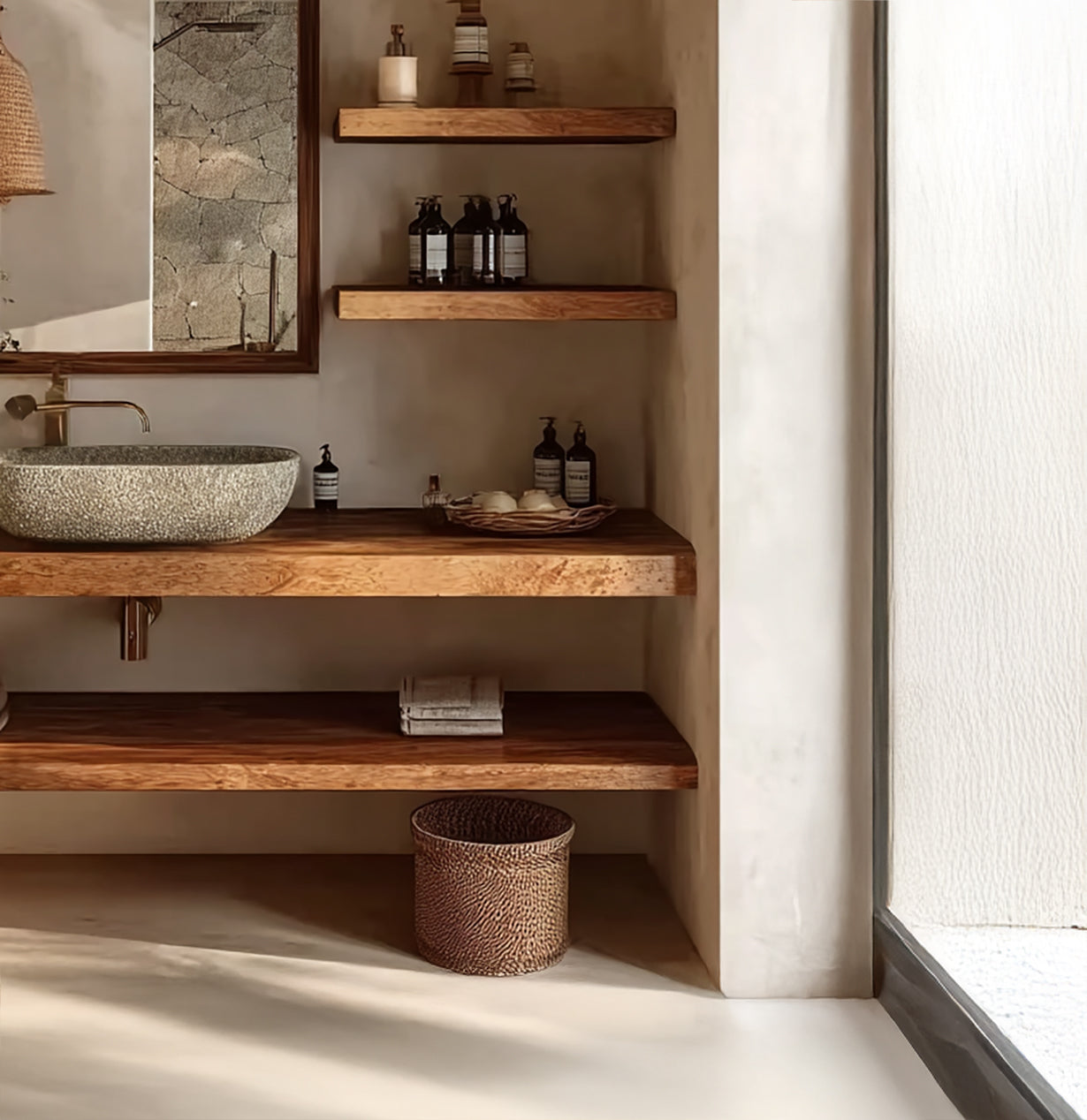 Rustic Floating Wooden Bathroom Vanity with Open Shelves – Handmade Solid Wood