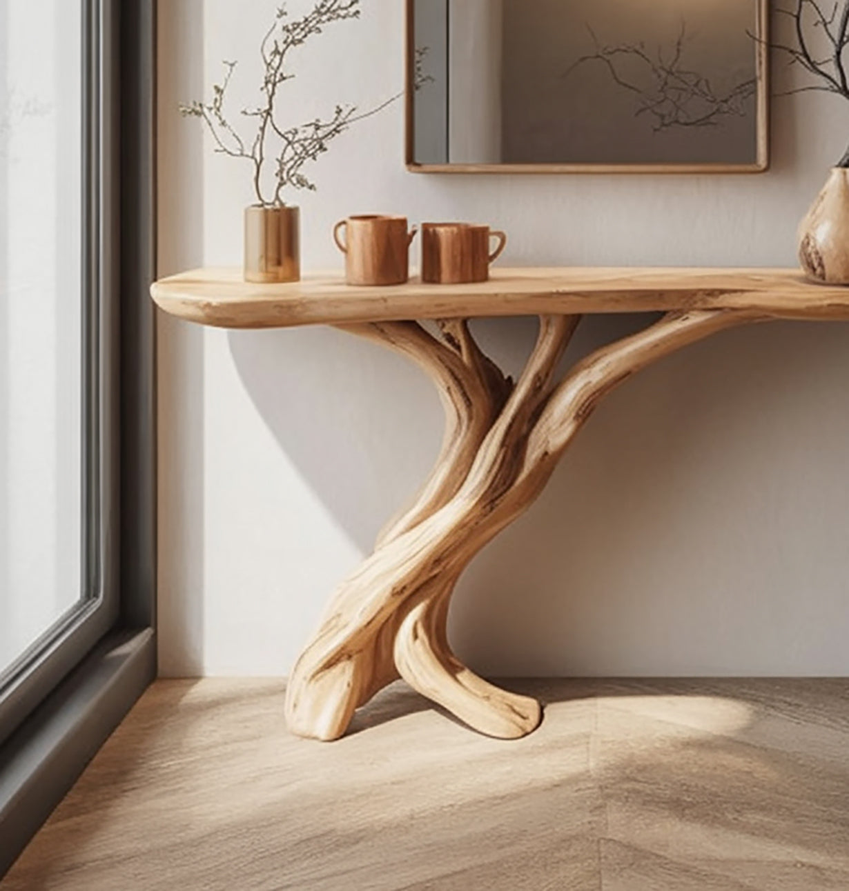 Rustic Driftwood-Style Entryway Console Table – Solid Wood Sculptural Base