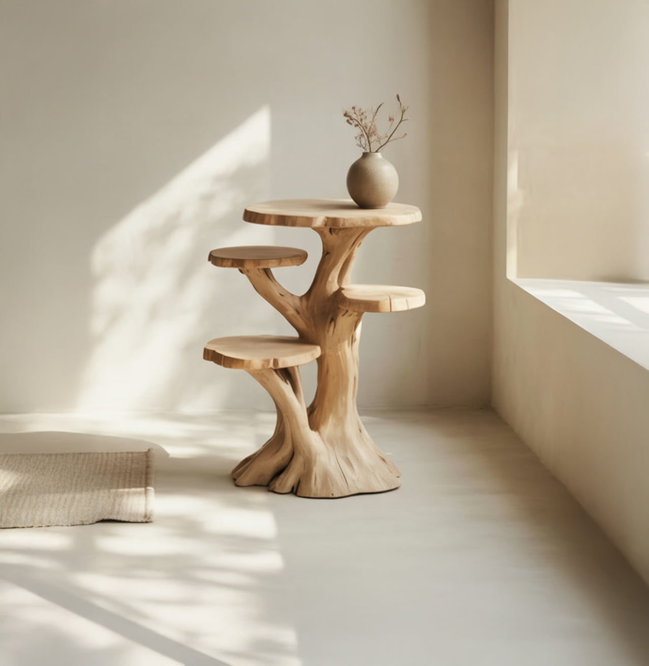 Tree-Trunk Wooden End Table – Multi-Tier Display Stand