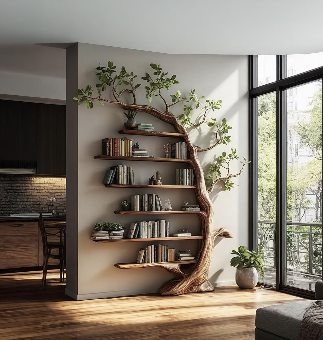 Handcrafted Tree-Inspired Wooden Bookshelf – Artistic Wall Shelf