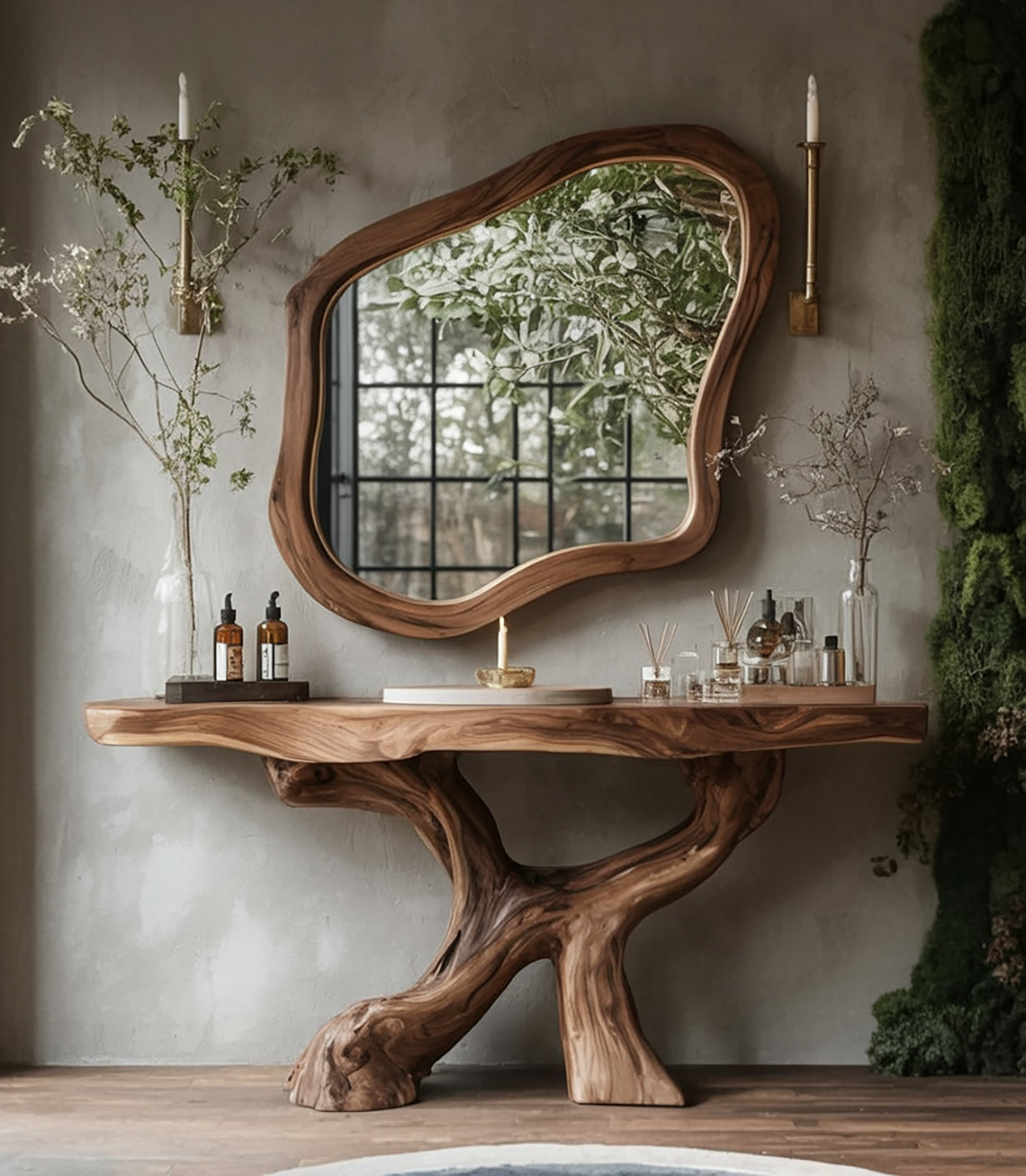 Live-Edge Teak Bathroom Vanity with Organic Root Base & Mirror Set