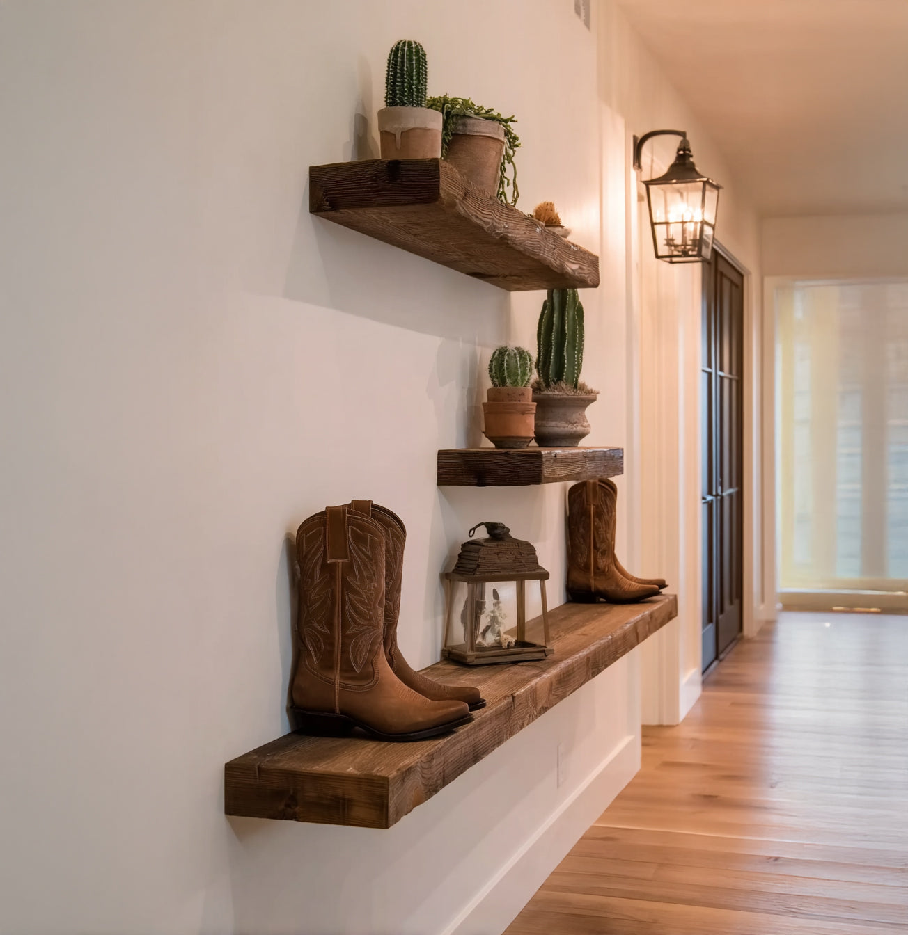 Rustic Wooden Floating Shelves – Farmhouse Wall Shelf for Boots & Decor